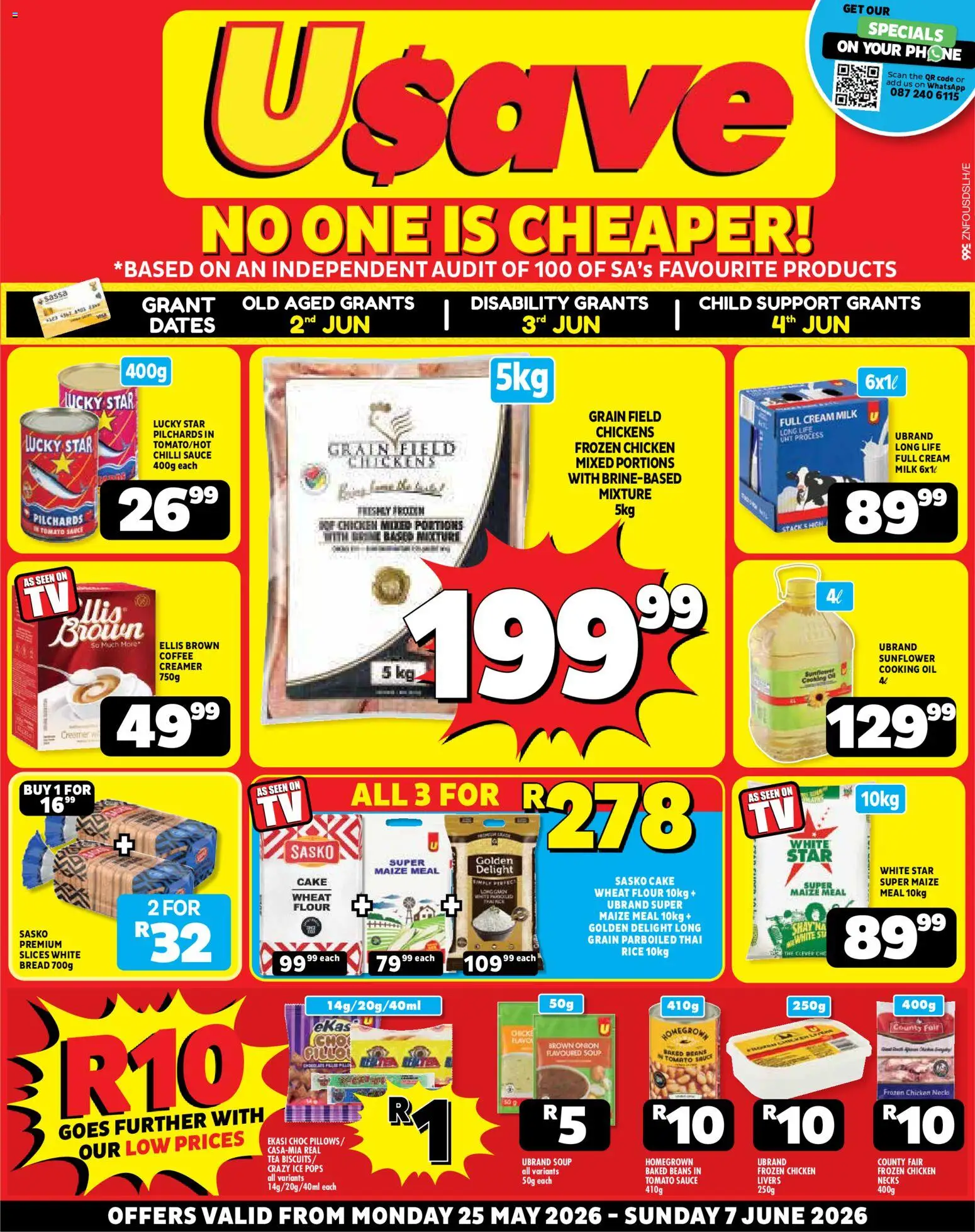 Preview of Usave flyer valid from 25/05/2026 - Cake, Dates, Tea, Bread, Biscuits, Tomato sauce, Baked beans, Pilchards