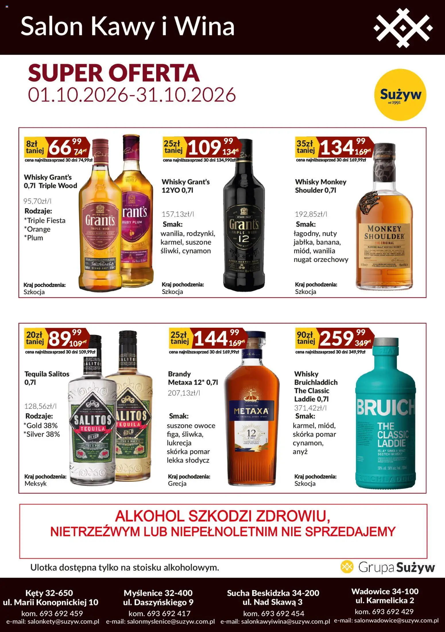 Pogląd gazetki "Sużyw gazetka - Salon kawy i wina" ze sklepu Sużyw ważnej od 01.10.2026 - Alkohol, Czekolady, Czekolada, Wódka, Likier czekoladowy, Słodycz