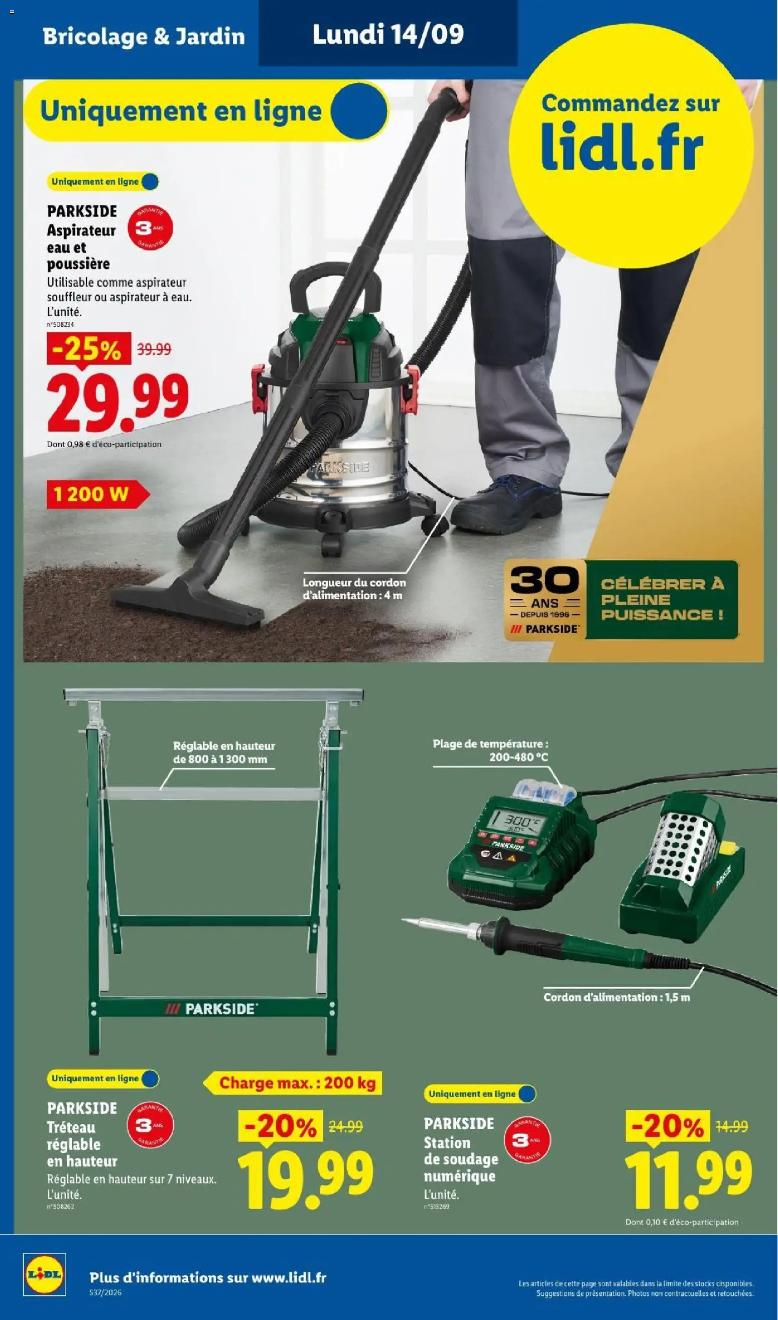 Prévisualisation de LIDL catalogue du magasin LIDL formulaire valide 10/09/2026 - Bricolage, Parkside, Aspirateur, Tréteau, Aspirateur eau et poussière, Souffleur, Tréteau réglable, Treteau reglable en hauteur