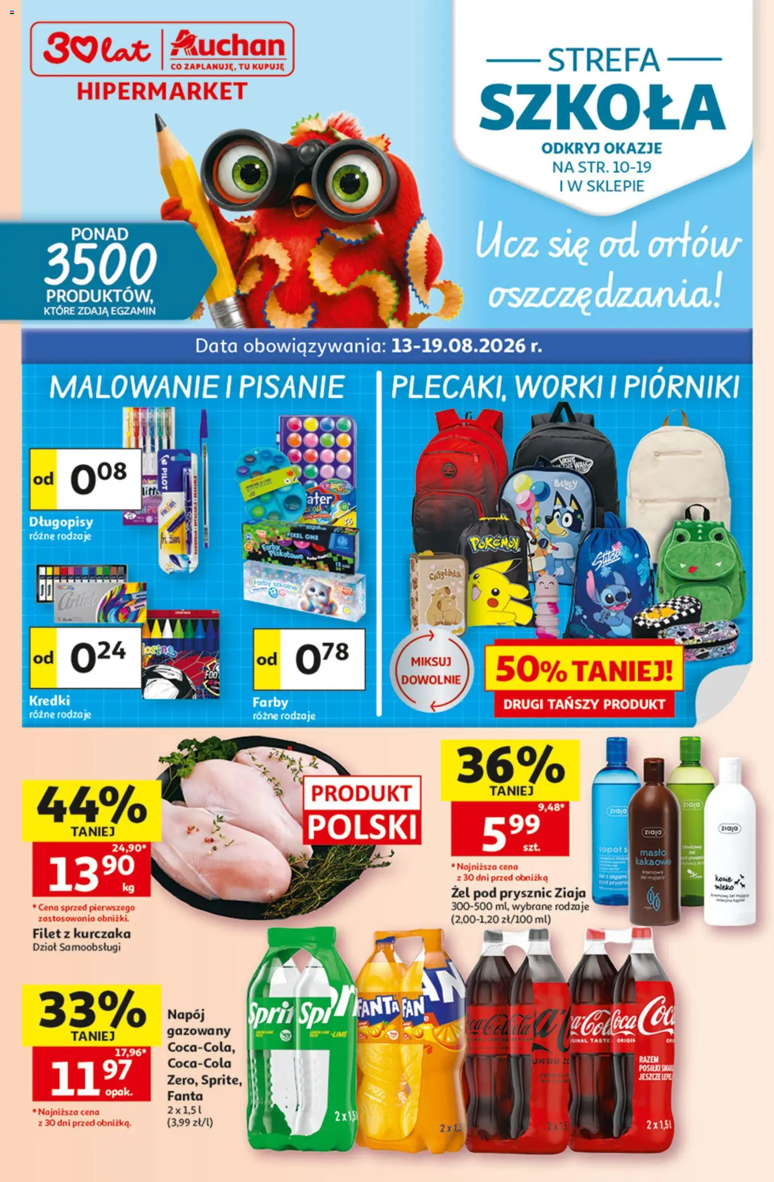 Pogląd gazetki "Auchan gazetka" ze sklepu Auchan ważnej od 13.08.2026 - Masło, Mleko, Prysznic, Kredki, Żel pod prysznic, Fanta, Filet, Długopisy
