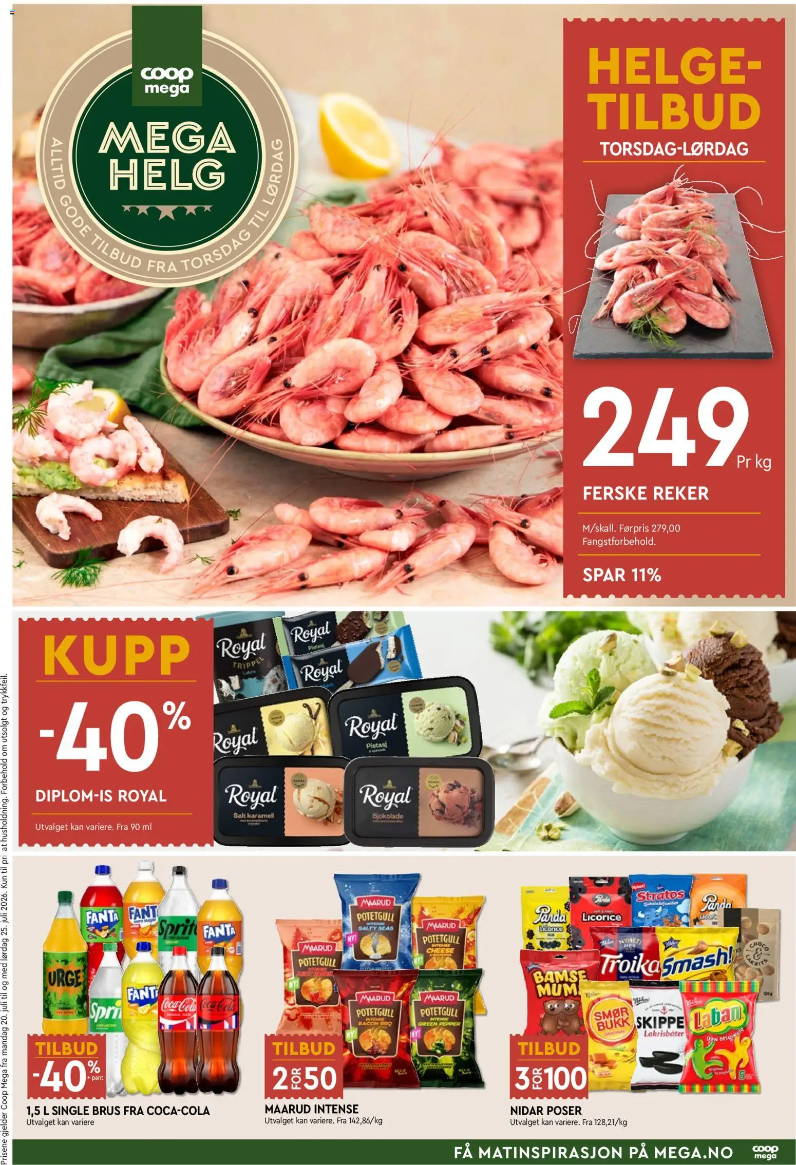 Forhåndsvis Coop Mega Mega Helg fra butikk Coop Mega gyldig fra 23/07/2026 - Bacon, Fanta, Smør, Sjokolade, Royal trippel, Reker, Salt, Coca Cola