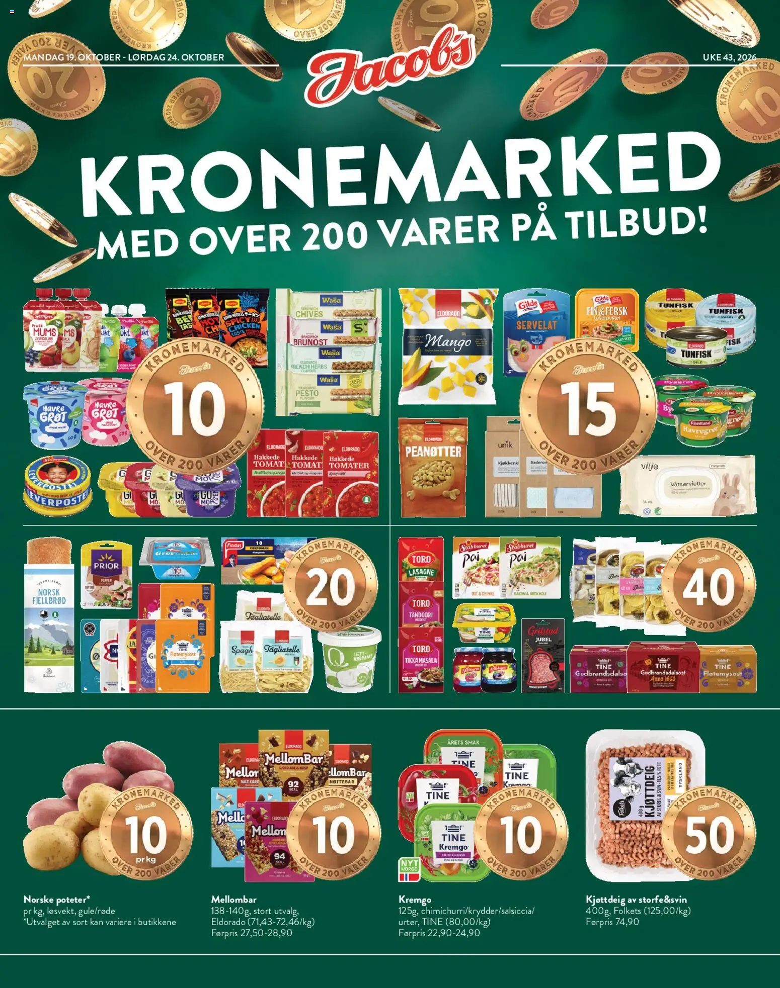 Forhåndsvis Jacobs kundeavis fra butikk Jacobs gyldig fra 19/10/2026 - Frukt, Melk, Ost, Havregrøt, Kjøttdeig, Tunfisk, Mango, Leverpostei