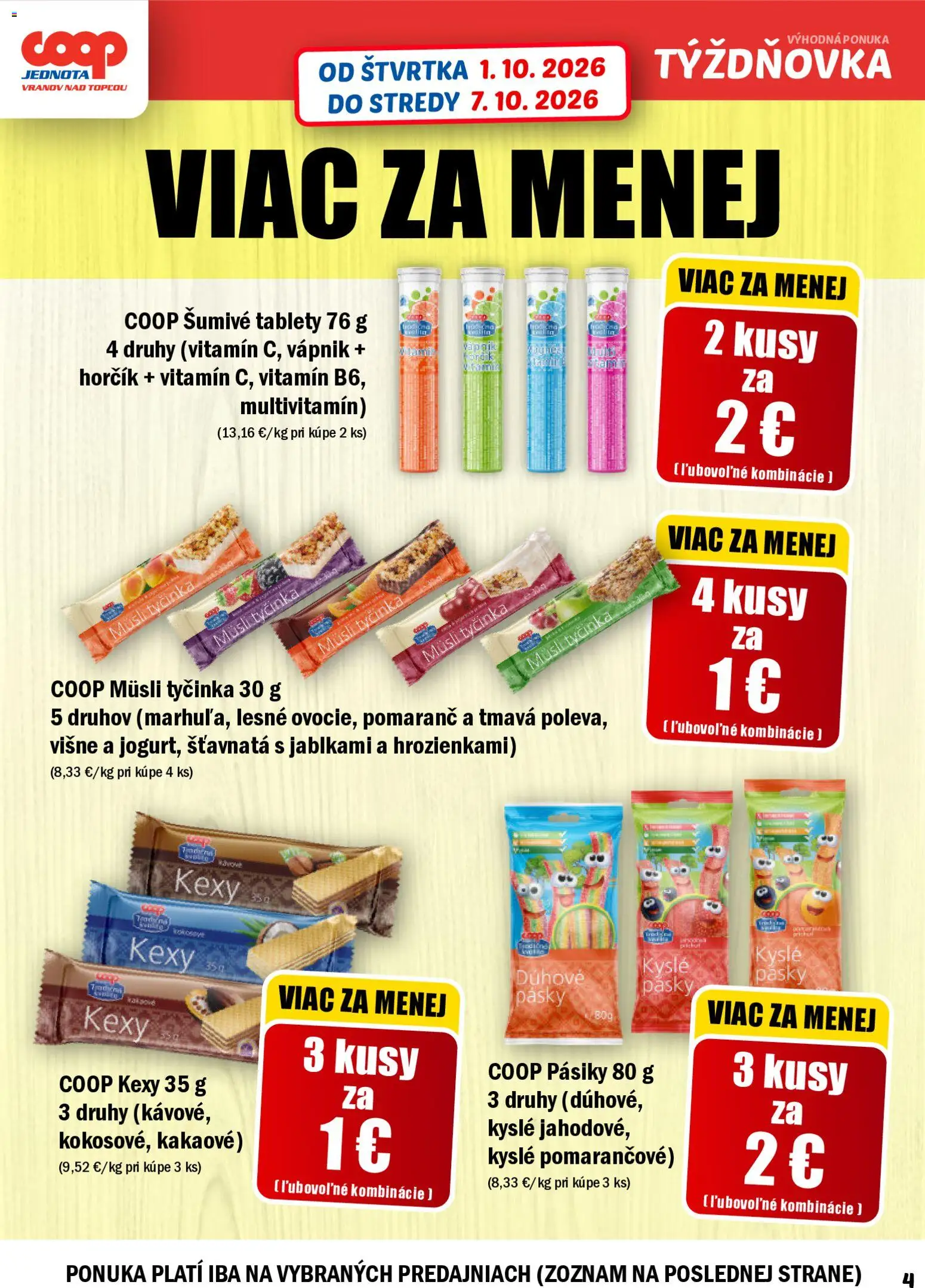 Náhľad COOP Jednota letáku platného od 01.10.2026 - Multivitamín, Višne, Müsli, Šumivé tablety, Müsli tyčinka