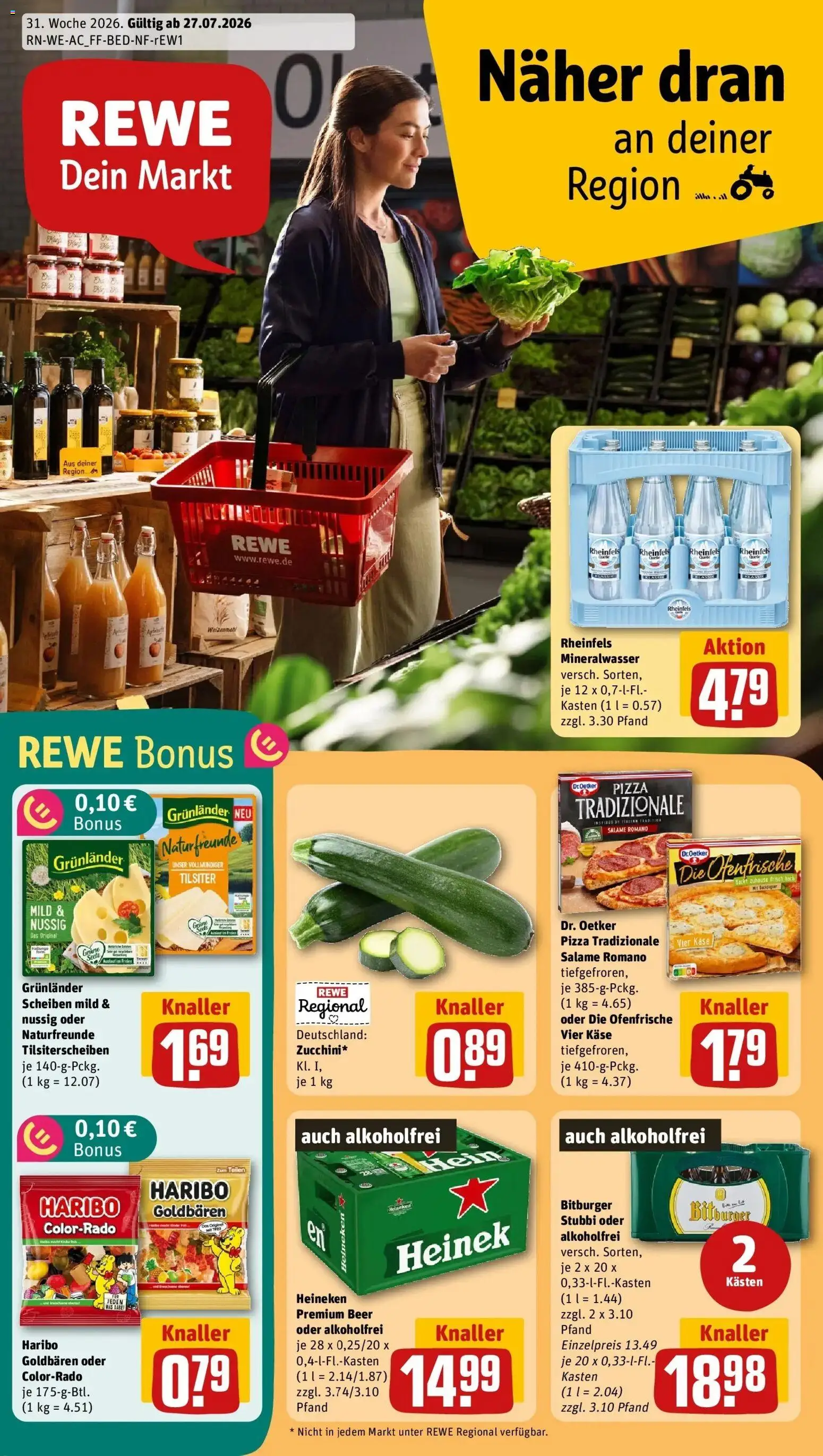 Vorschau von dem Prospekt des Geschäftes Rewe, gültig ab dem 27.07.2026 - Käse, Haribo, Äpfel, Mineralwasser, Heineken, Bitburger, Weizenmehl, Ofenfrische