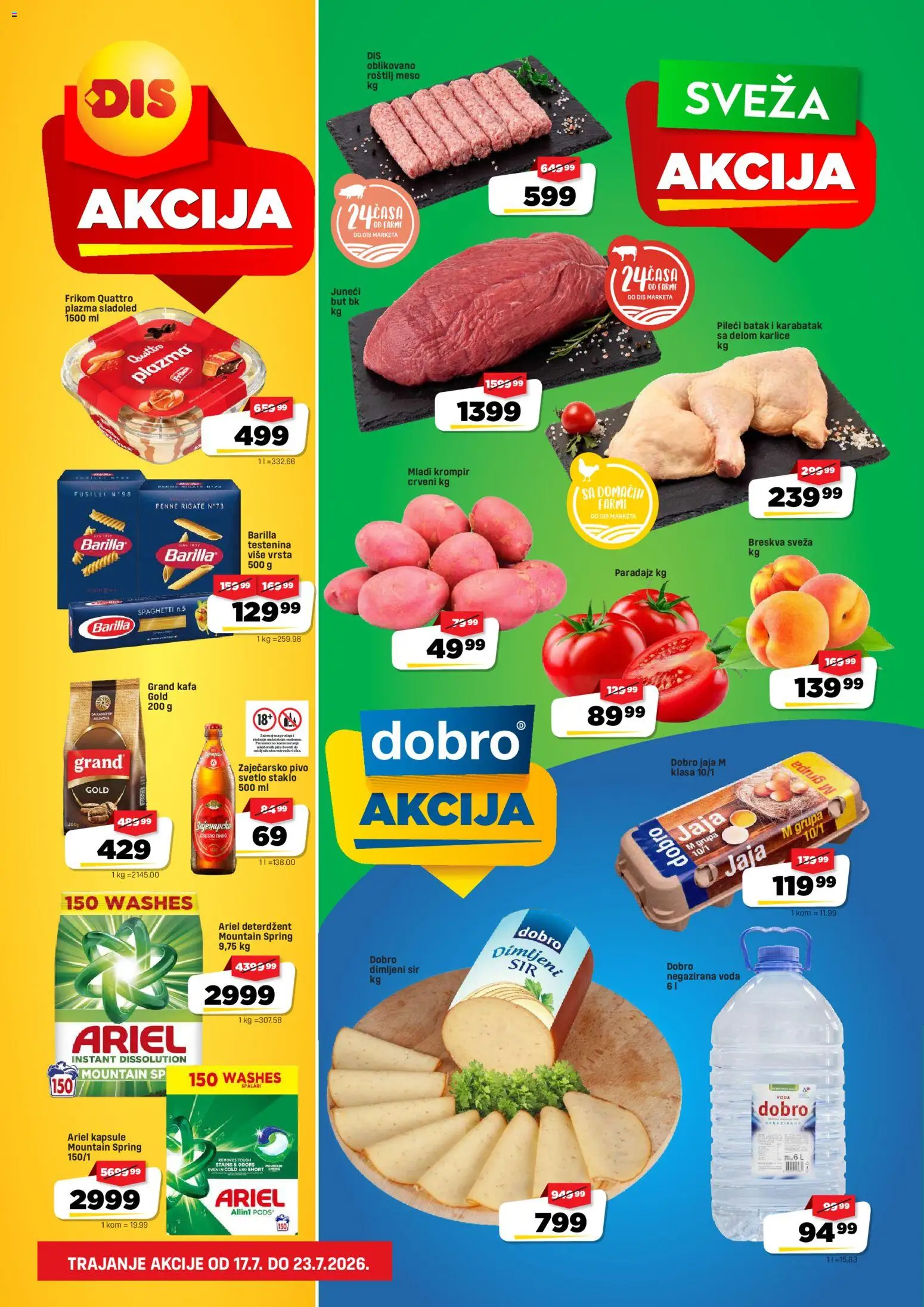 Pregled Super DIS kataloga - važi od 17.07.2026 - Sladoled, Kafa, Voda, Breskva, Staklo, Dimljeni sir, Pileći batak, Plazma
