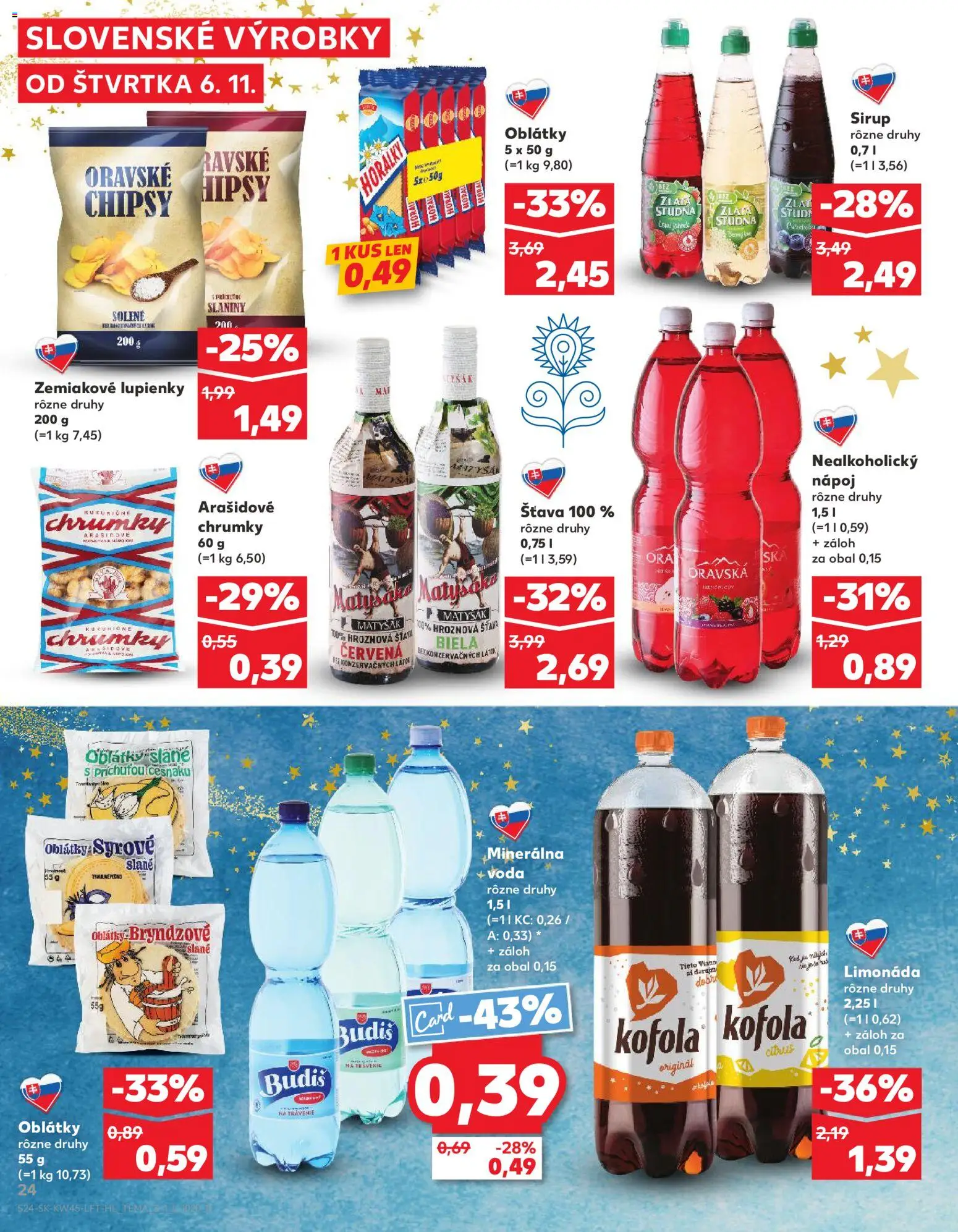 Náhľad Kaufland letáku platného od 06.11.2025 - Voda, Sirup, Budiš, Chipsy, Oblátky, Minerálna voda, Šťava, Horálky