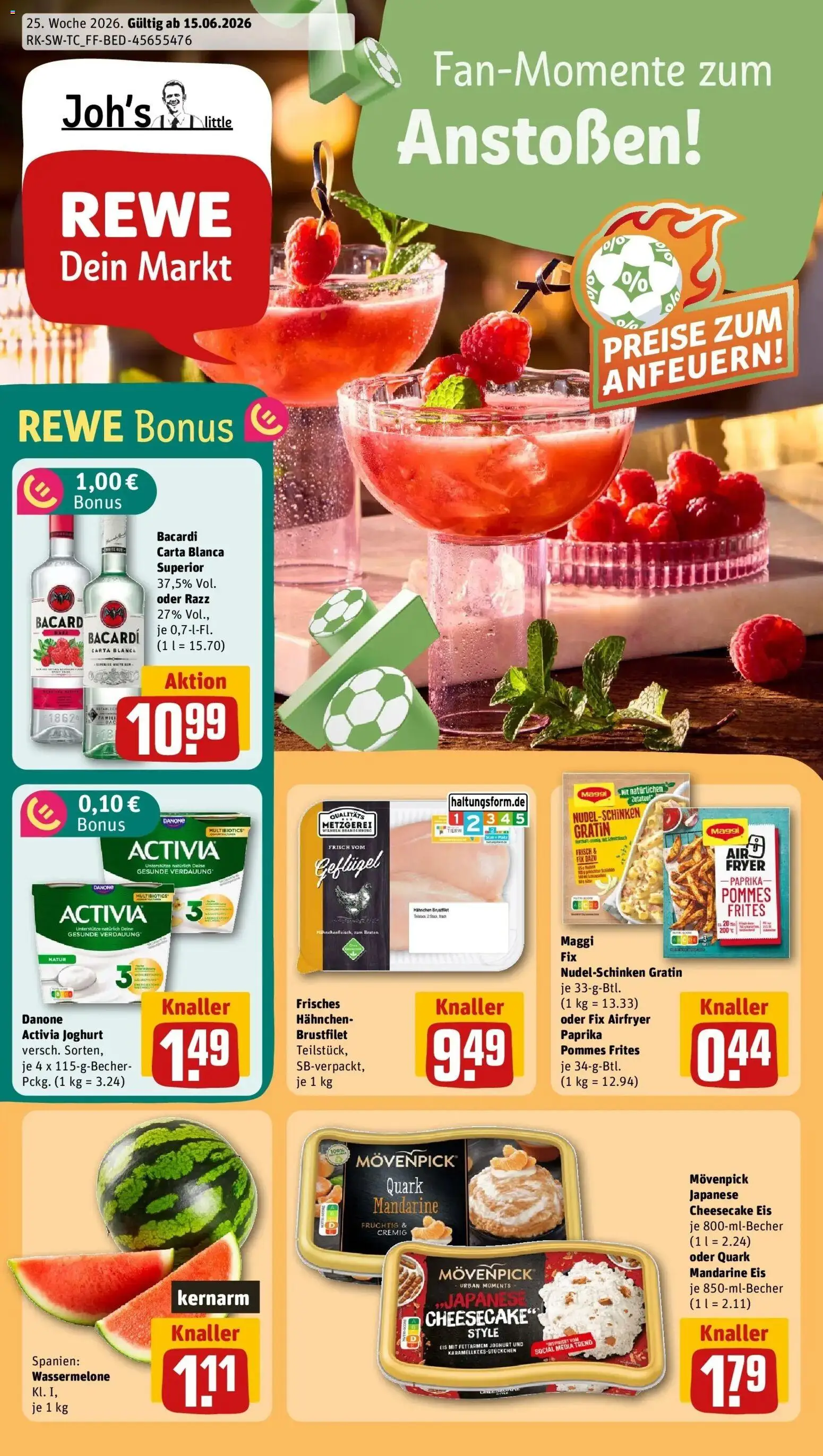 Vorschau von dem Prospekt des Geschäftes Rewe, gültig ab dem 14.06.2026 - Quark, Paprika, Wassermelone, Rum, Pommes frites, Maggi fix, Activia, Danone activia
