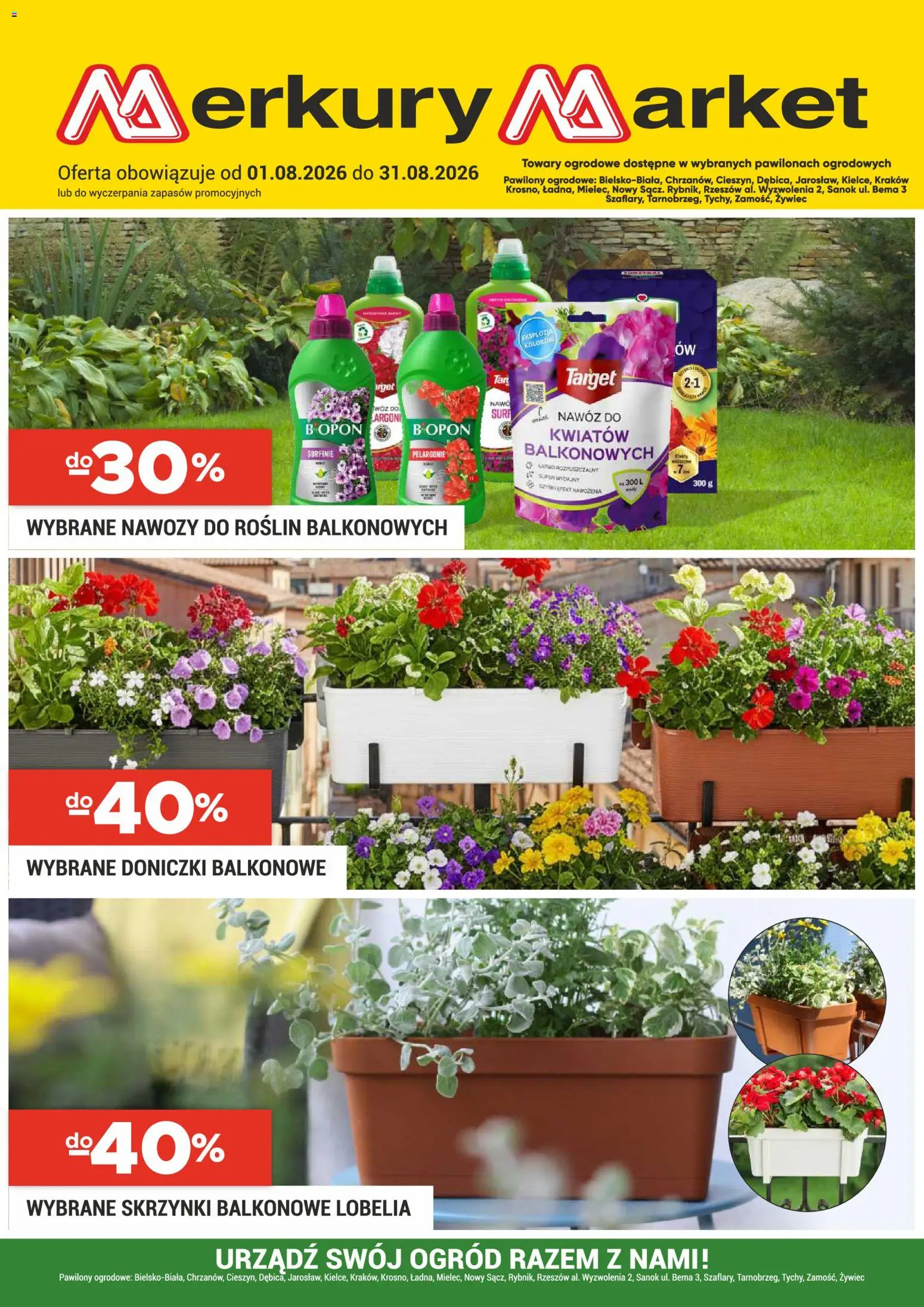 Pogląd gazetki "Merkury Market gazetka - Ogród" ze sklepu Merkury Market ważnej od 01.08.2026 - Doniczki, Pelargonie, Nawóz, Doniczki balkonowe