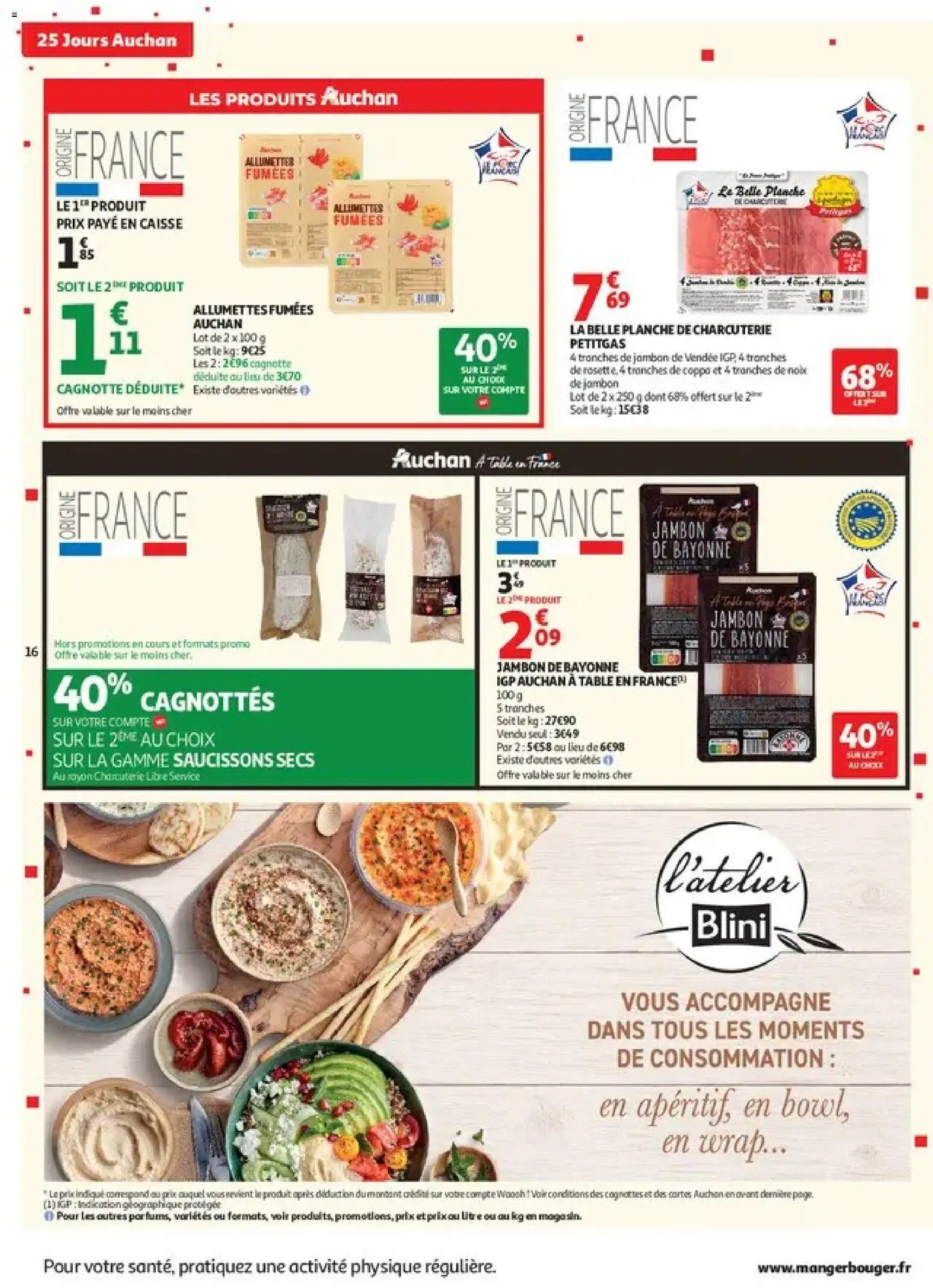 Prévisualisation de Auchan 25 jours 1 supers du magasin Auchan formulaire valide 27/10/2026 - Charcuterie, Table, Wrap, Jambon, Noix, Blini, Jambon de Bayonne igp, Allumettes