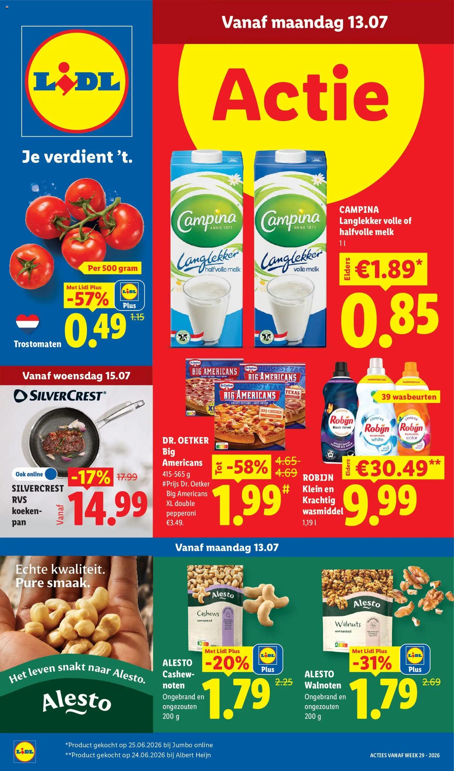 Voorbeeld van Lidl folder week 29 van winkel Lidl geldig vanaf 13-07-2026 - Pizza, Melk, Pan, Wasmiddel, Walnoten, Robijn, Cashews, Volle melk