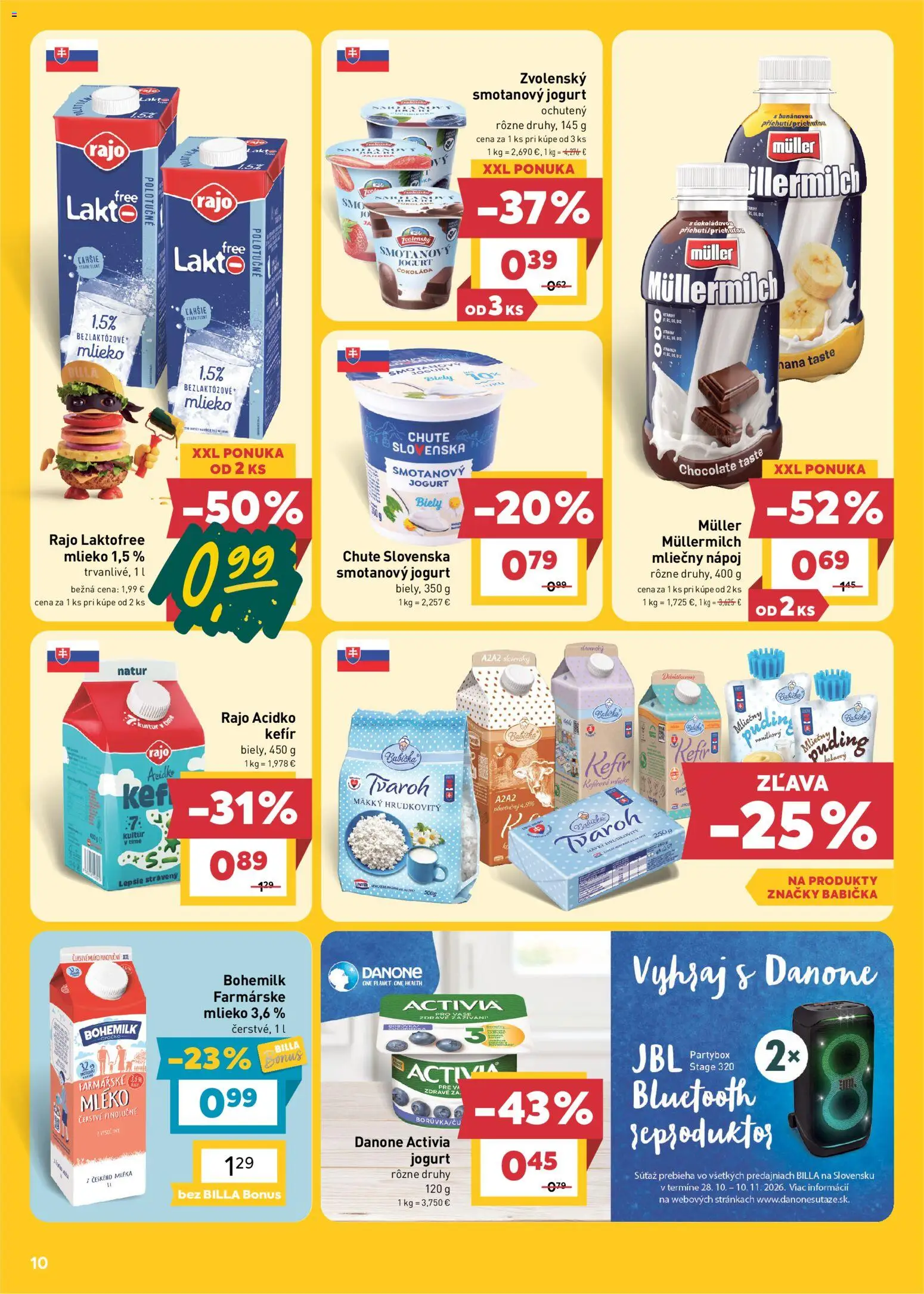 Náhľad Billa letáku platného od 28.10.2026 - Tvaroh, Bluetooth, Mlieko, Kefír, Reproduktor, Jogurt, Acidko, Smotanový jogurt