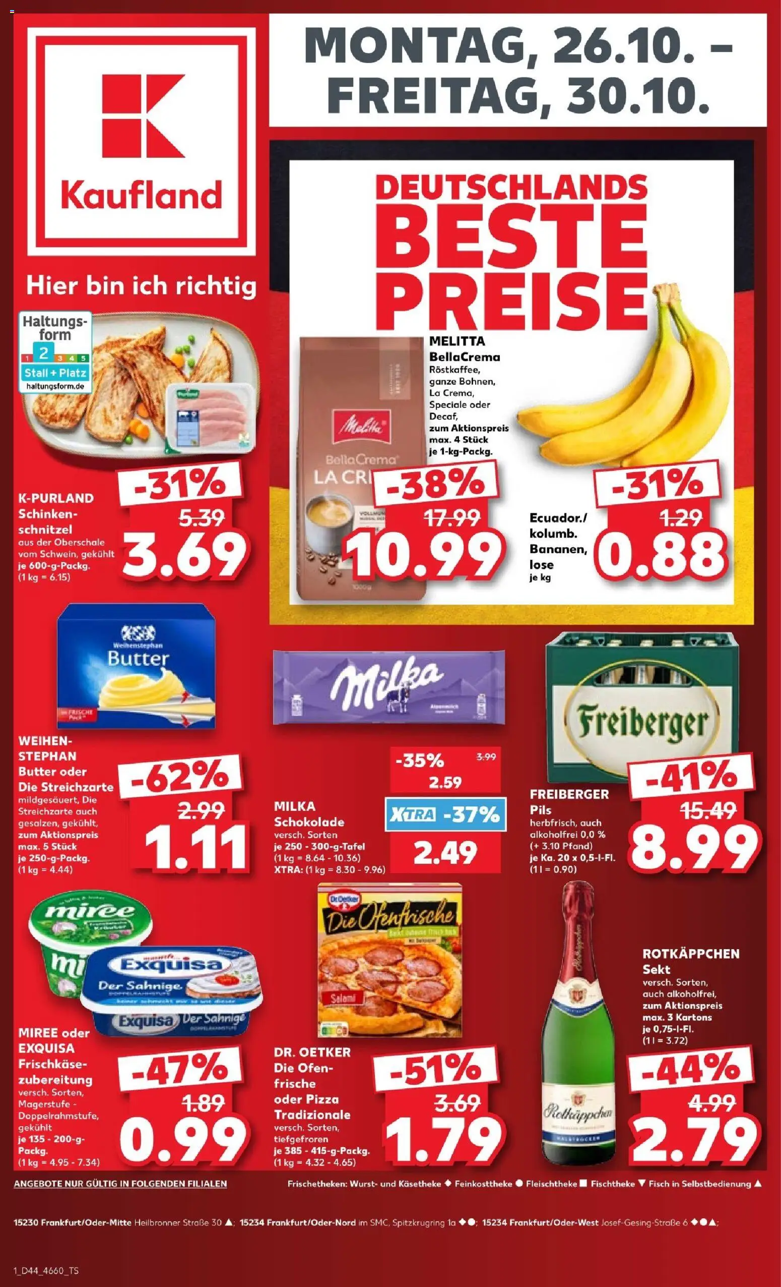 Vorschau von dem Prospekt des Geschäftes Kaufland, gültig ab dem 26.10.2026 - Pizza, Butter, Schokolade, Fisch, Rotkäppchen, Milka, Weihenstephan butter, Ofenfrische