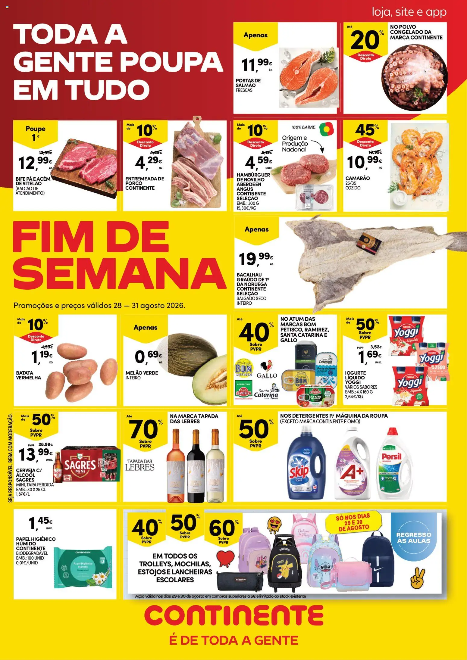 Pré-visualização do folheto da loja Continente válida a partir de 28/08/2026 - Bacalhau, Hambúrguer, Pá, Camarão, Carne, Álcool, Atum, Iogurte