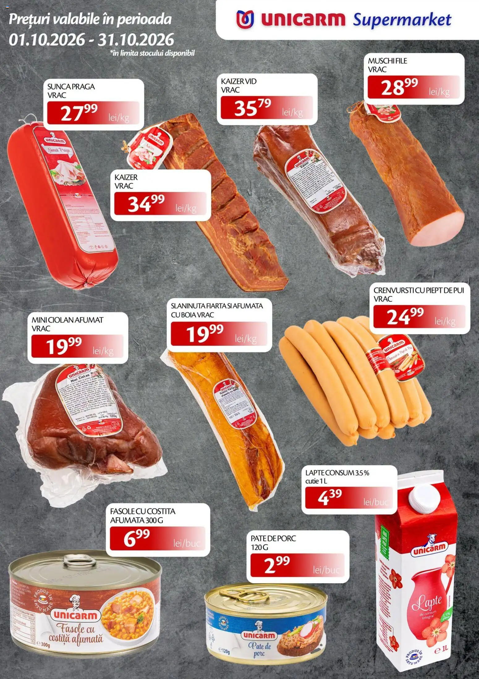 Previzualizarea de cataloage: Unicarm Unicarm Catalog valabil de la 01.10.2026 - Lapte, Pui, Slanina, Crenvurști, Cutie, Șuncă, Sunca praga, Mușchi