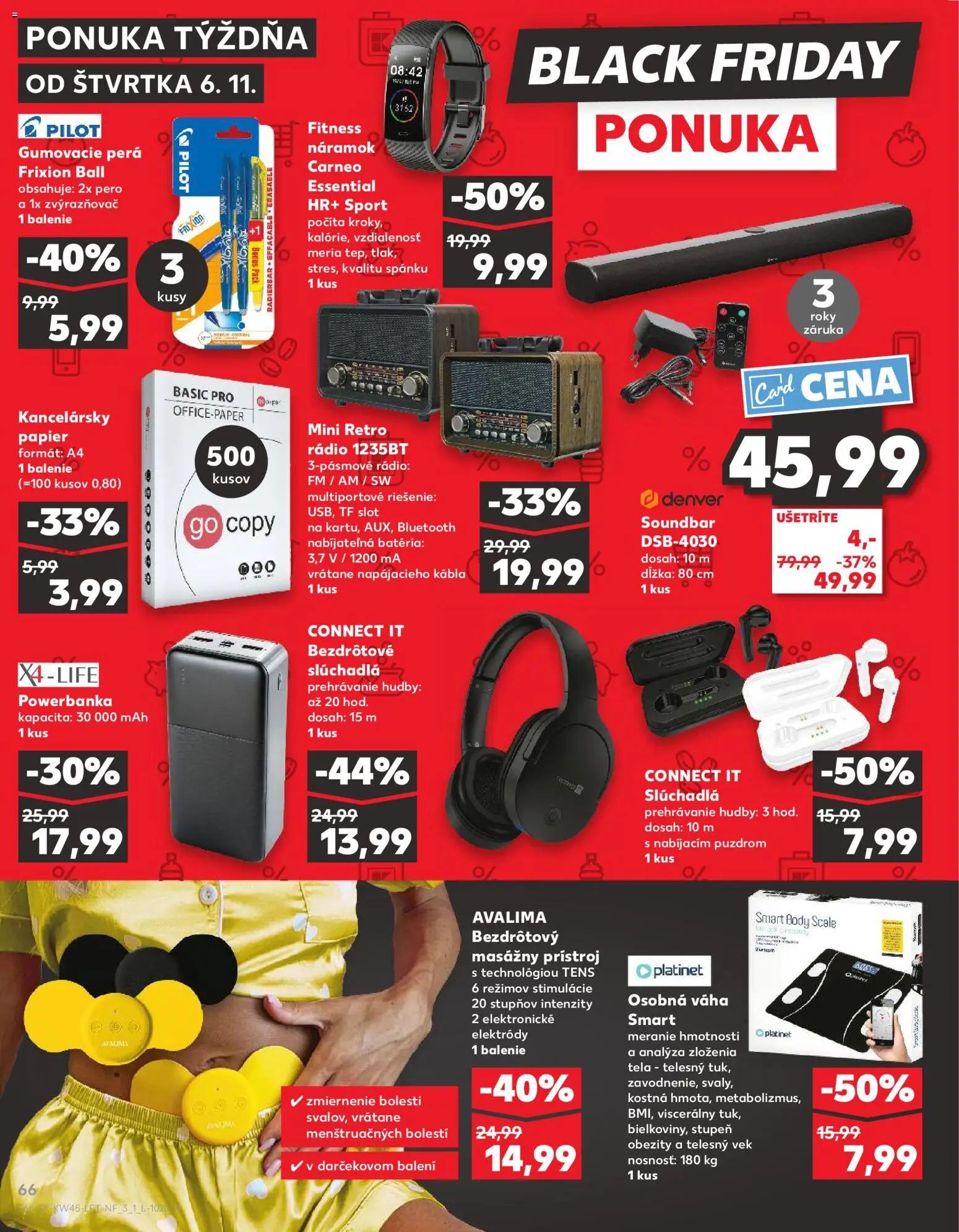 Náhľad Kaufland letáku platného od 06.11.2025 - Slúchadlá, Bluetooth, Kancelársky papier, Batéria, Bezdrôtové slúchadlá, Váha, Rádio, Masážny prístroj