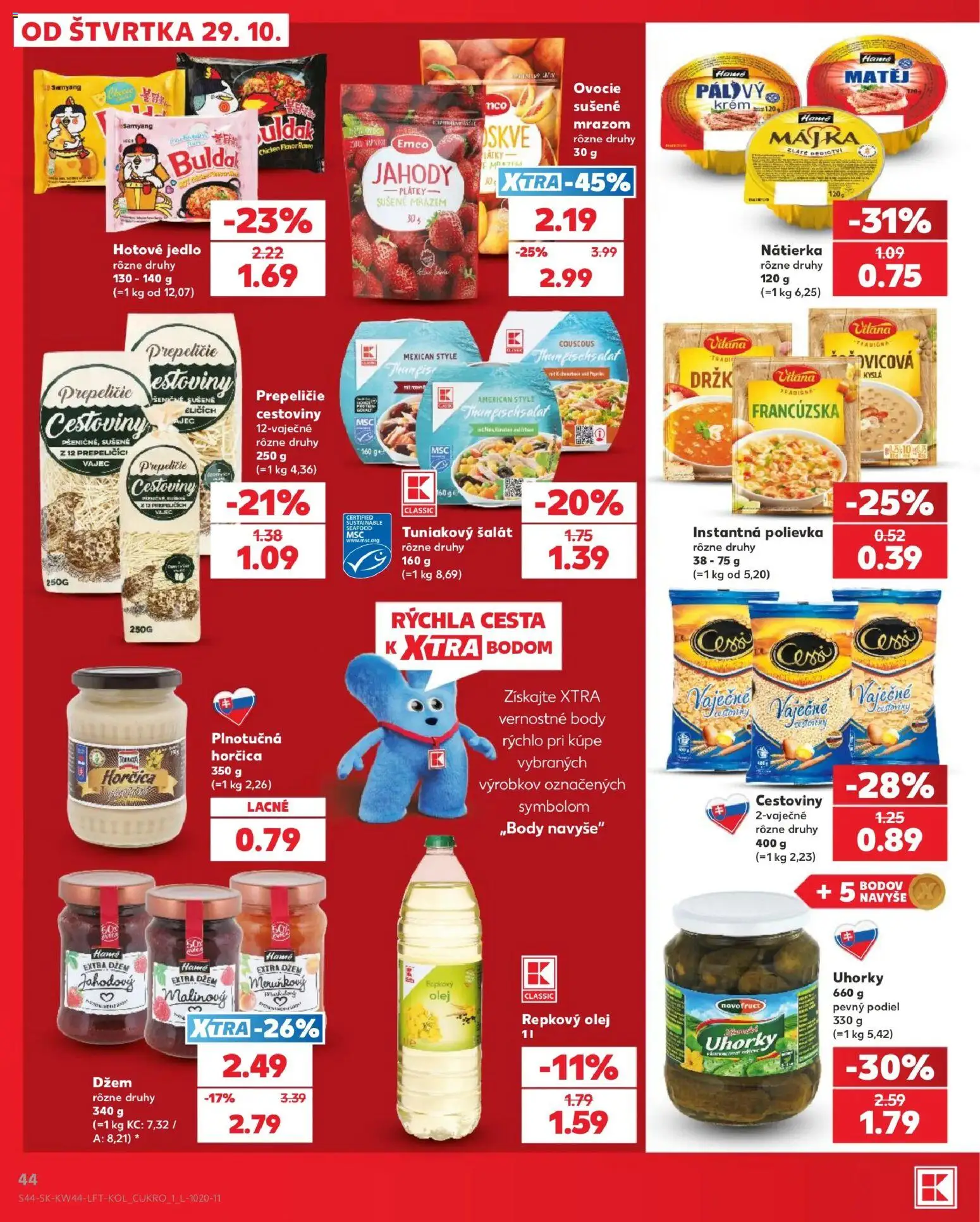 Náhľad Kaufland letáku platného od 29.10.2026 - Cestoviny, Ovocie, Olej, Horčica, Tuniakový šalát, Uhorky, Repkový olej, Krém