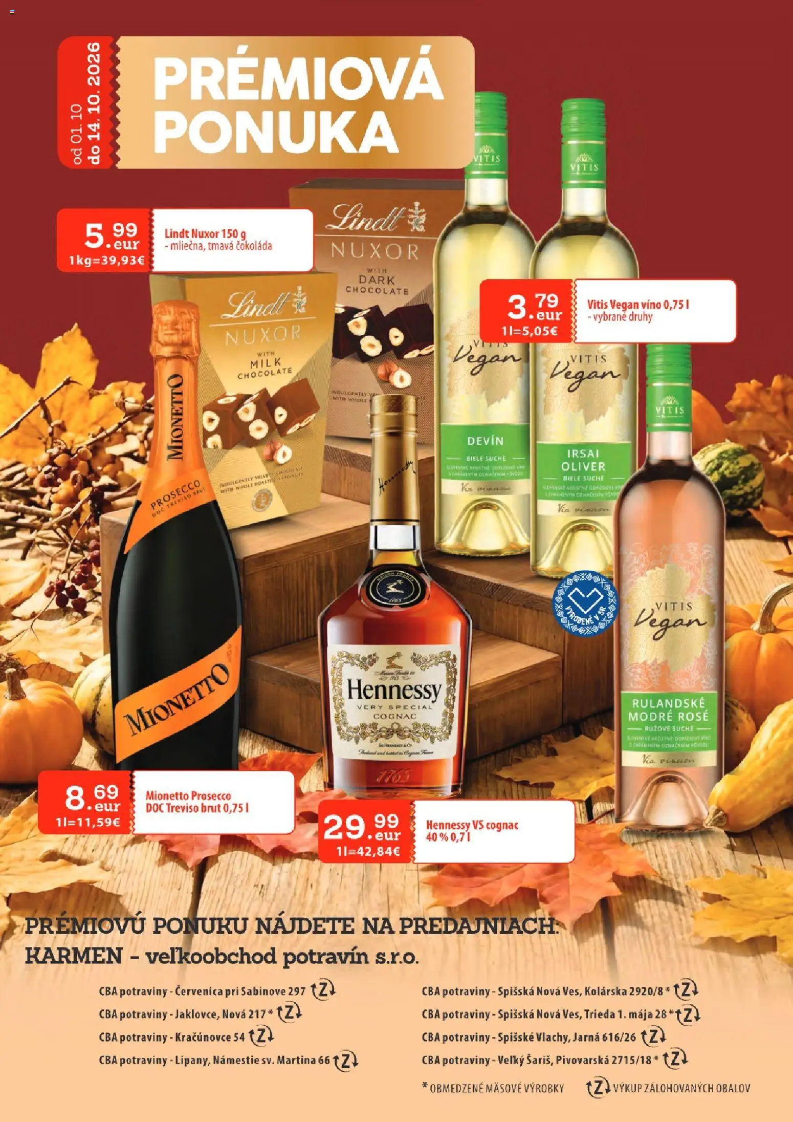Náhľad KARMEN CBA letáku platného od 01.10.2026 - Víno, Prosecco, Čokoláda, Lindt, Hennessy, Mionetto Prosecco