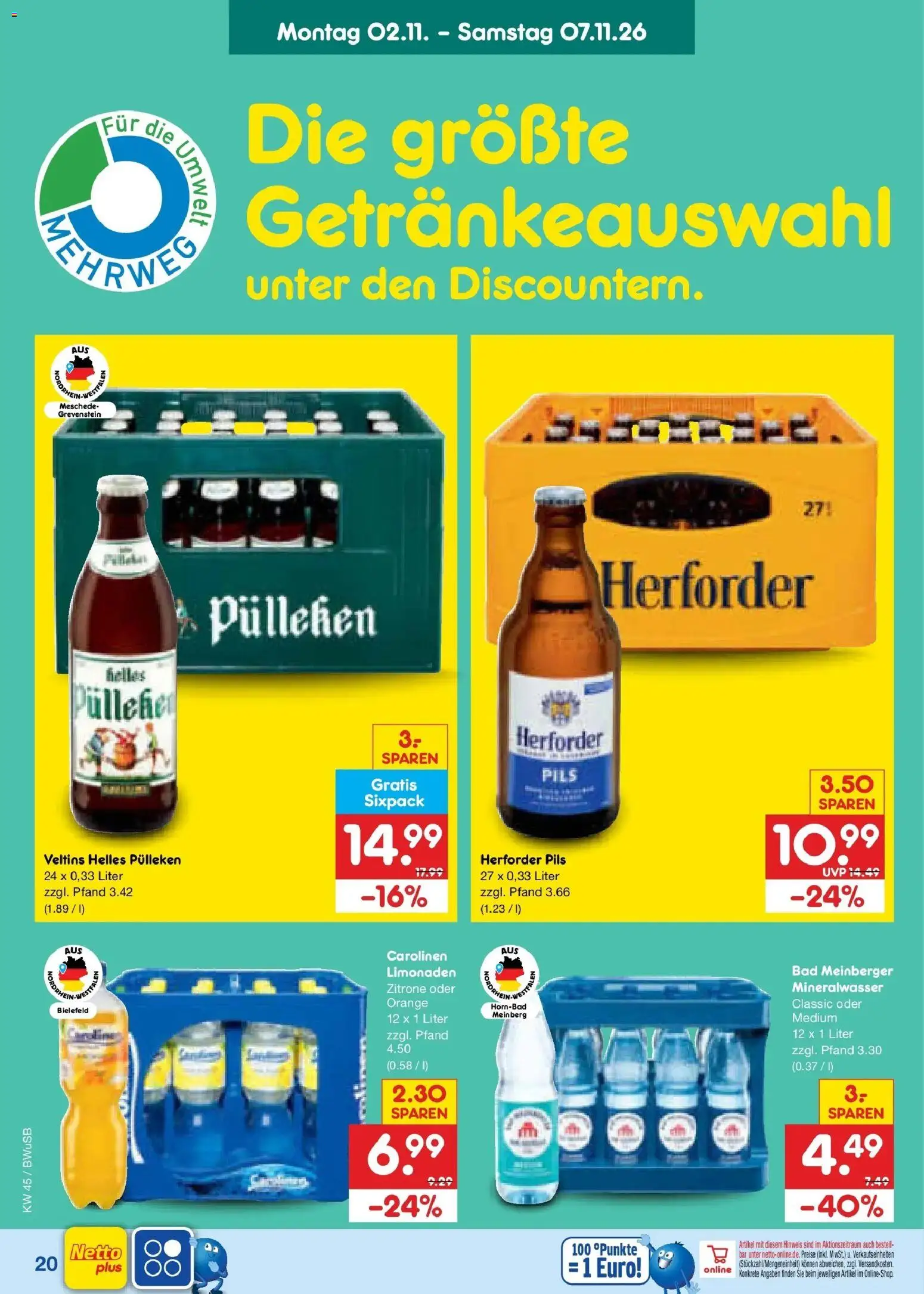 Vorschau von dem Prospekt des Geschäftes Netto Marken-Discount, gültig ab dem 02.11.2026 - Bad, Mineralwasser, Zitrone, Veltins, Pils, Helles pulleken