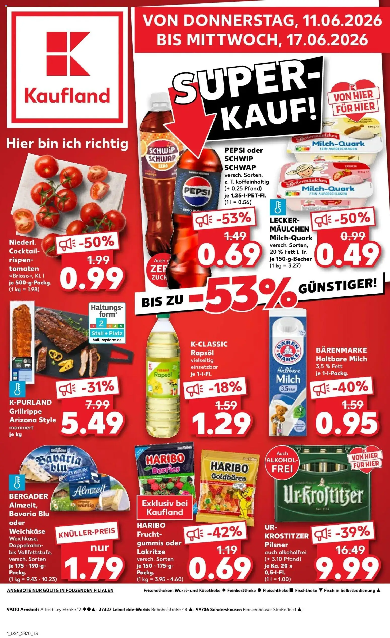 Vorschau von dem Prospekt des Geschäftes Kaufland, gültig ab dem 11.06.2026 - Haribo, Fisch, Wurst, Quark, Rapsöl, Tomaten, Schwip schwap, Haltbare milch