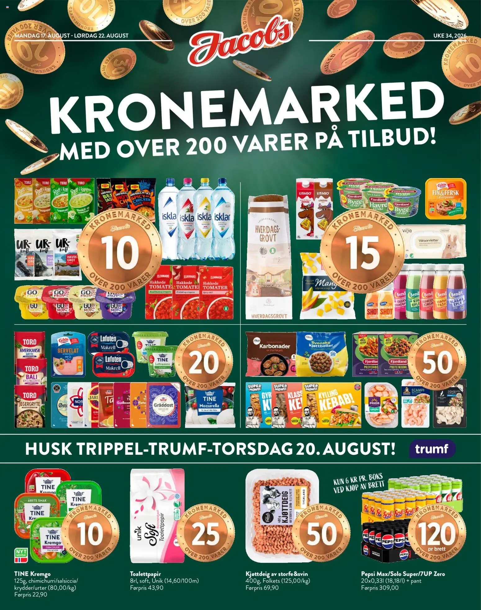 Forhåndsvis Jacobs kundeavis fra butikk Jacobs gyldig fra 17/08/2026 - Fjordland, Kjøttboller, Ved, Kjøttdeig, Grøt, Pepsi, Boks, Scampi