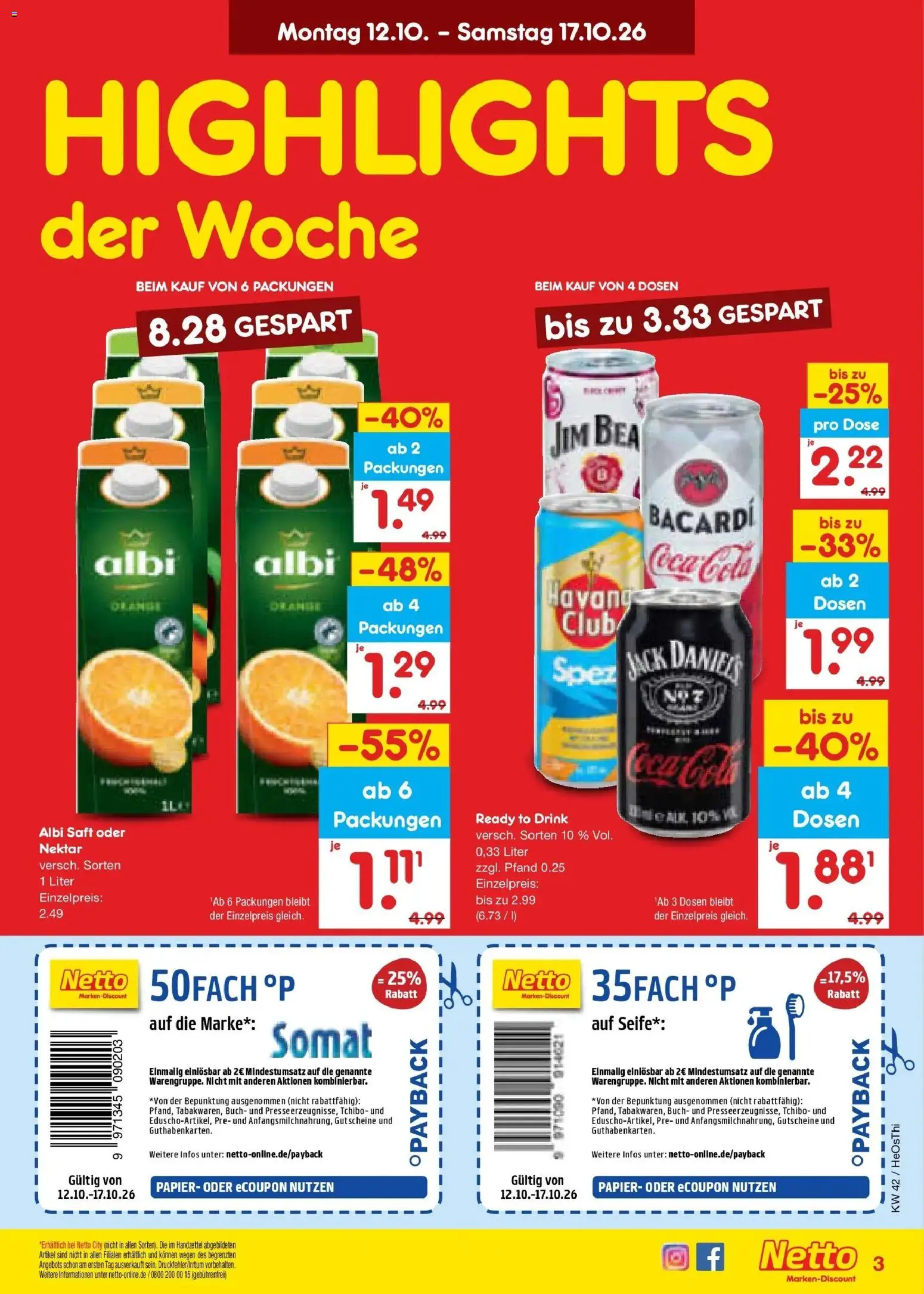 Vorschau von dem Prospekt des Geschäftes Netto Marken-Discount, gültig ab dem 12.10.2026 - Coca cola, Cola, Bacardi, Seife, Saft, Jack Daniel's