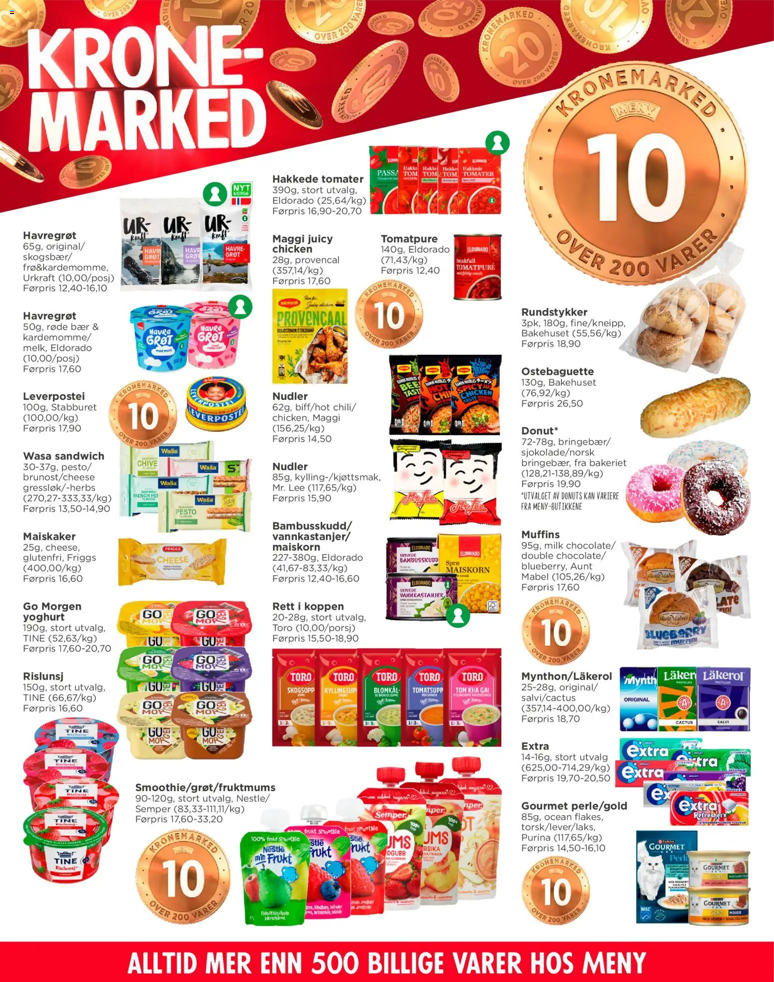 Forhåndsvis Meny Helgø kundeavis fra butikk Meny gyldig fra 19/10/2026 - Frukt, Yoghurt, Tomater, Rundstykker, Tomatpuré, Grøt, Donuts, Leverpostei