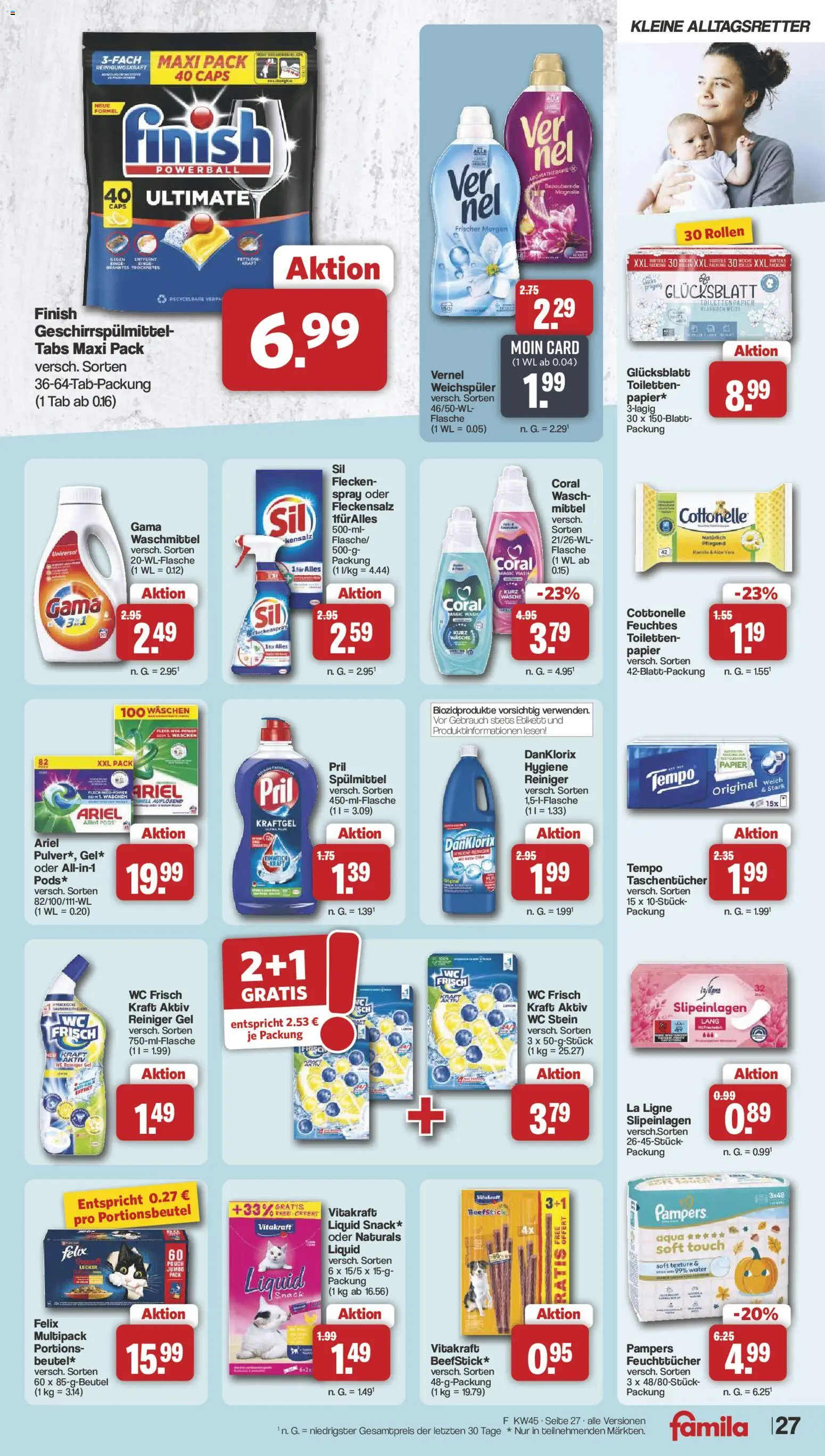 Vorschau von dem Prospekt des Geschäftes Famila Nordwest, gültig ab dem 02.11.2026 - Pampers, Ariel, Weichspüler, Taschentücher, Pril, Wc frisch, WC Stein, Geschirrspülmittel