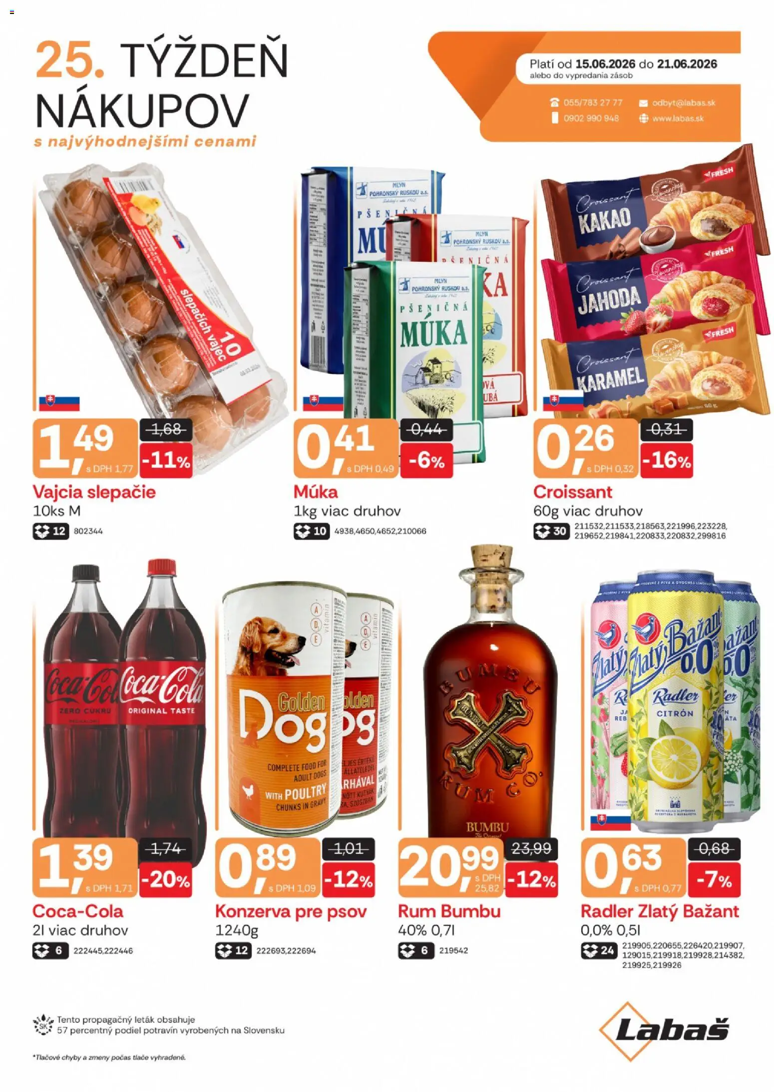 Náhľad Labaš letáku platného od 15.06.2026 - Rum, Croissant, Vajcia, Kakao, Konzerva pre psov, Radler, Zlatý Bažant, Múka