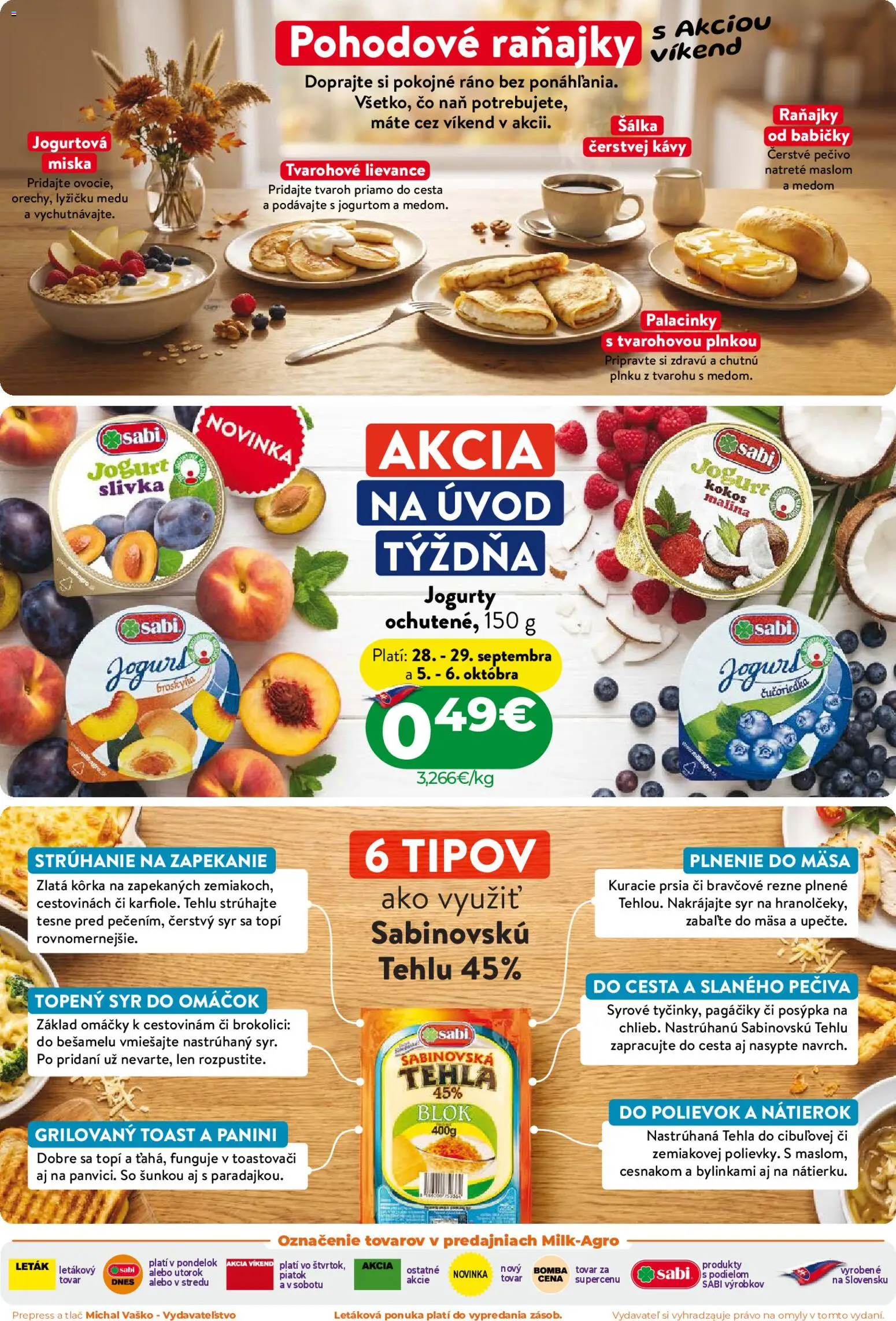 Náhľad Milk Agro letáku platného od 23.09.2026 - Kuracie prsia, Syr, Tvaroh, Kokos, Jogurt, Rezne, Omáčky, Pečivo