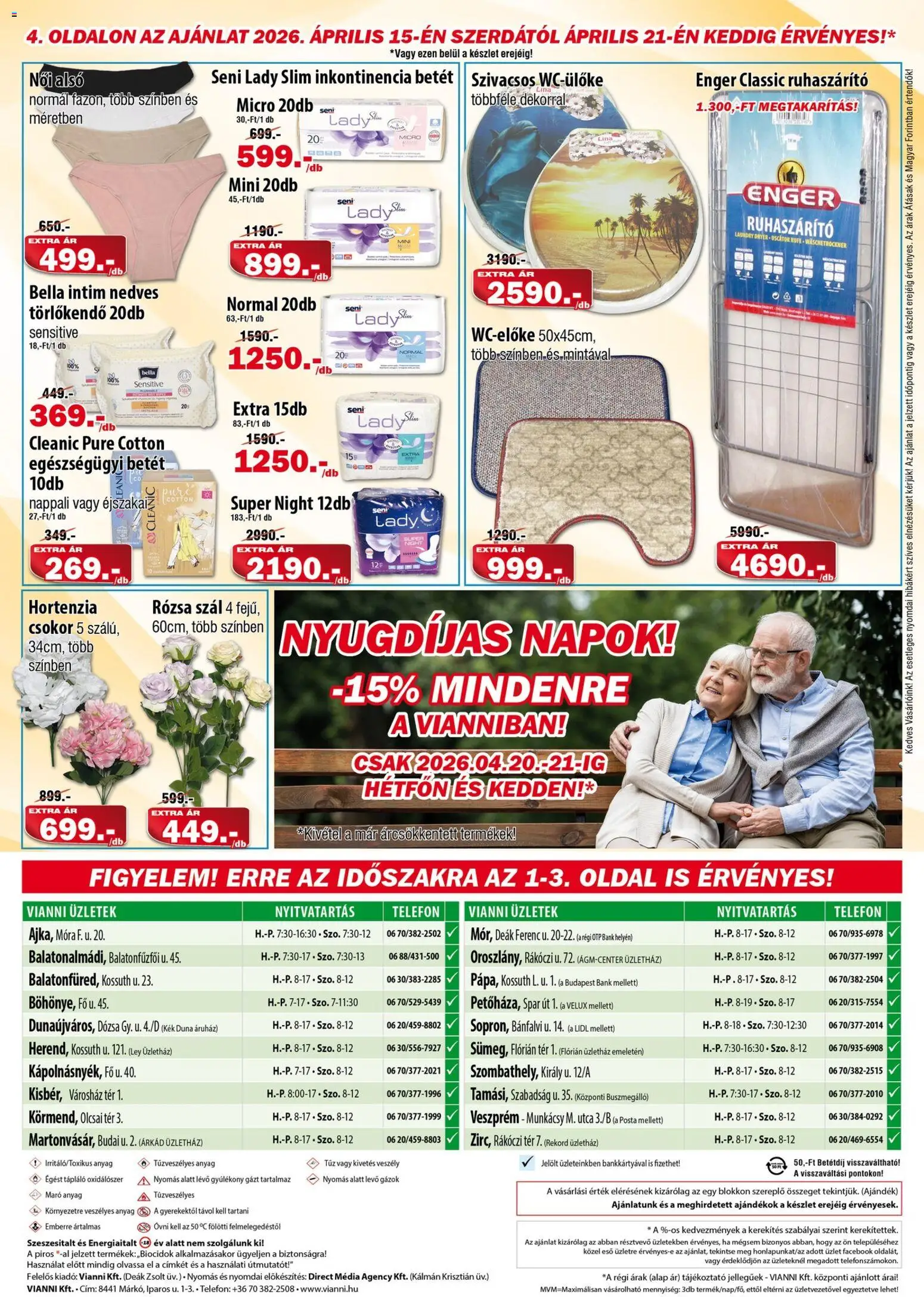 Vianni - Vianni akciós újság megtekintése, amely érvényes 2026.04.08.-től - Hortenzia, Telefon, Ruhaszárító, Betét, Püré, Bella, Törlőkendő, Női alsó
