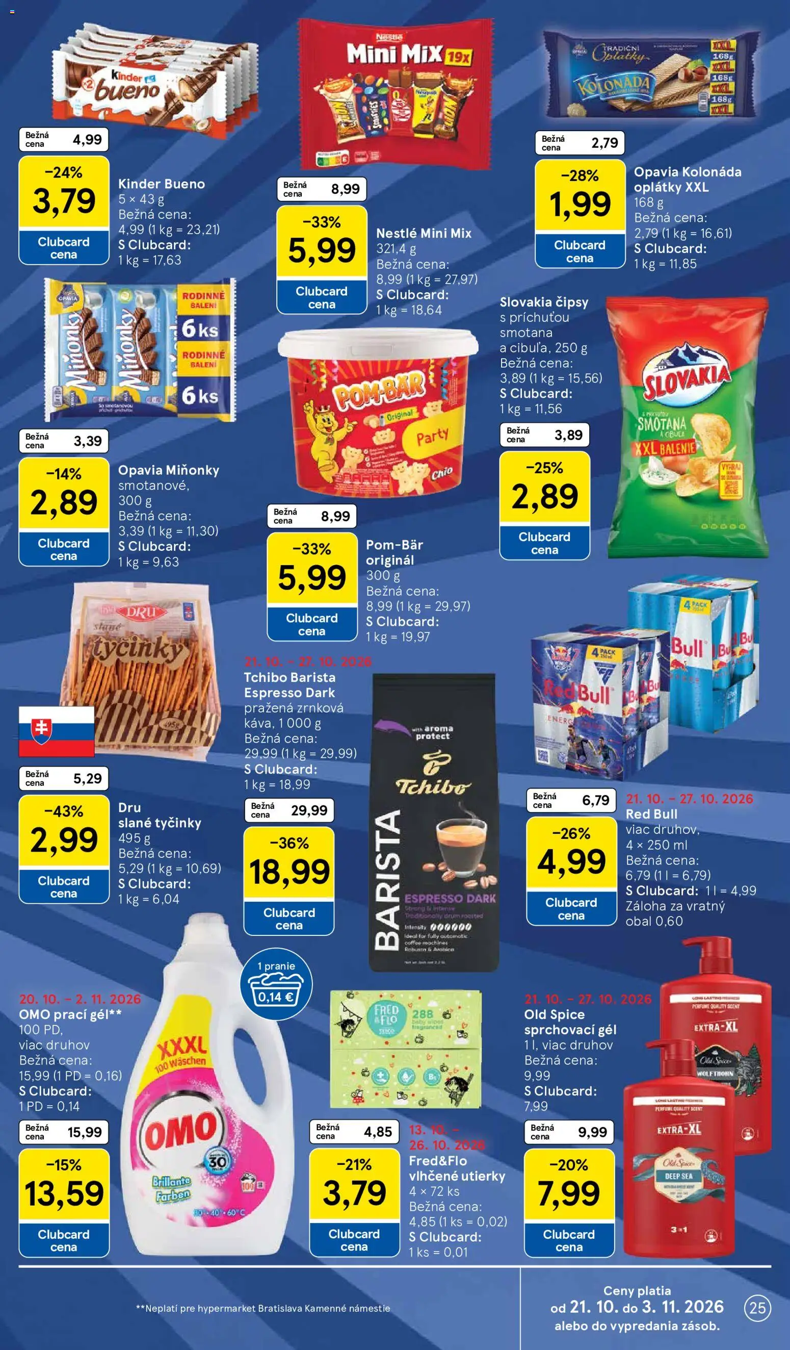 Náhľad Tesco letáku platného od 21.10.2026 - Old Spice, Kinder, Cibuľa, Kinder Bueno, Zrnková káva, Slané tyčinky, Utierky, Prací gél