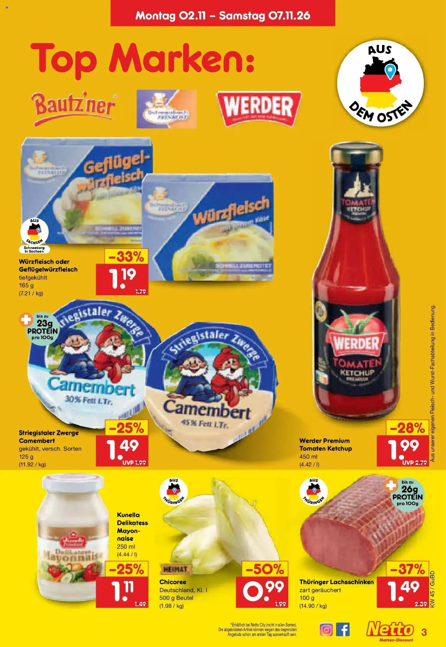 Vorschau von dem Prospekt des Geschäftes Netto Marken-Discount, gültig ab dem 02.11.2026 - Top, Fleisch, Camembert, Mayonnaise, Tomaten, Ketchup