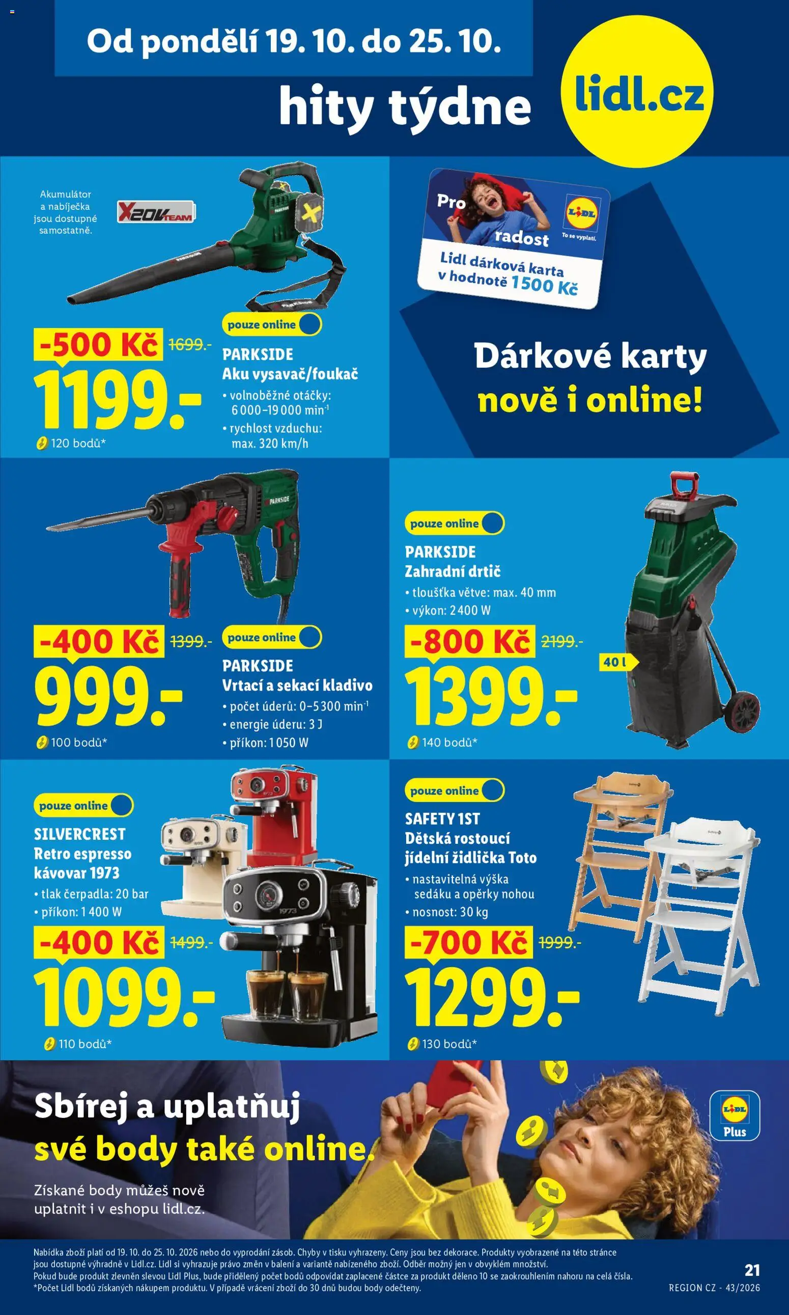 Náhled nabídky: Lidl Lidl leták - Hity týdne platný od 19.10.2026 - Parkside, Kávovar, Karty, Body, Jídelní židlička, Kladivo, Drtič