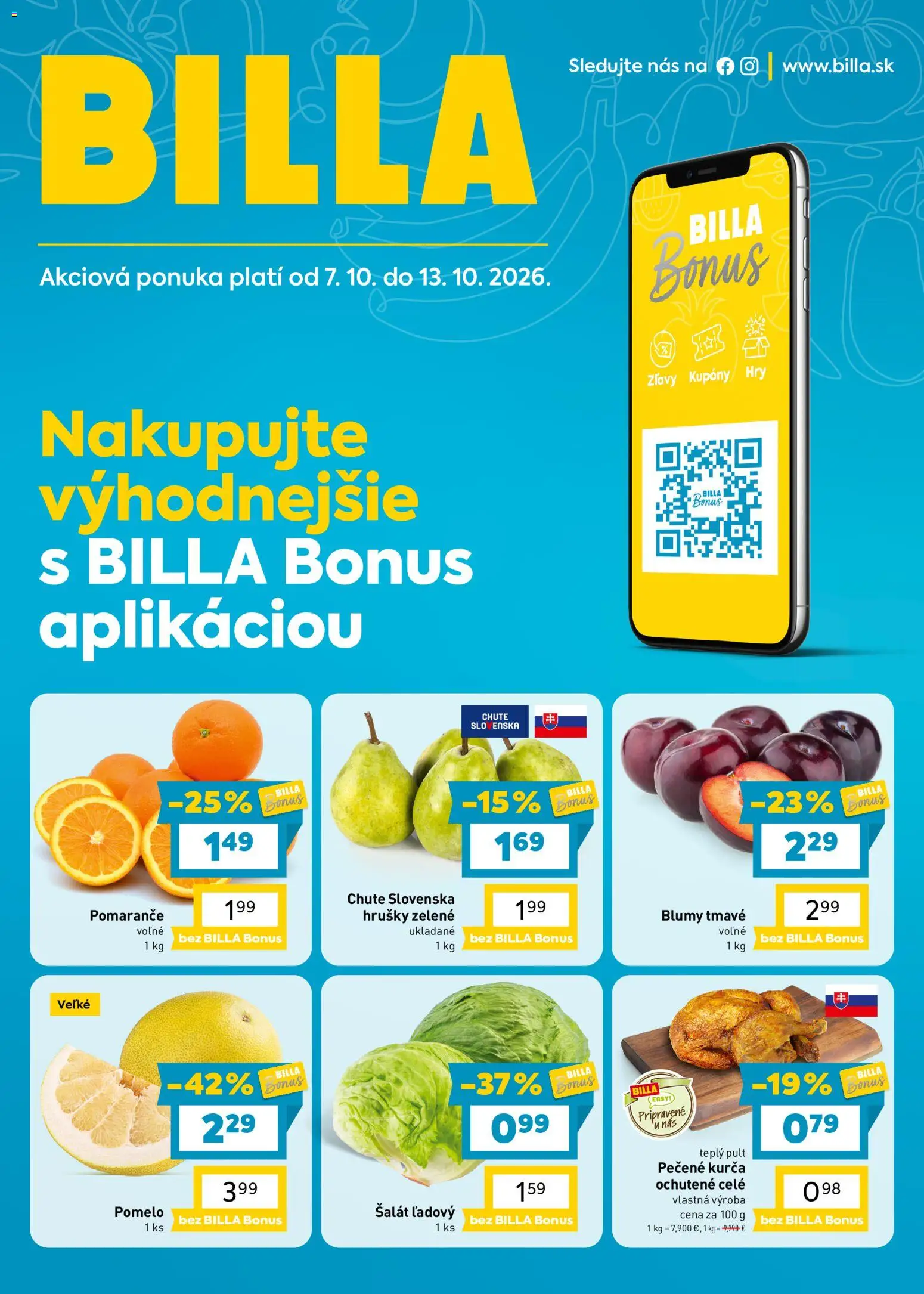 Náhľad Billa letáku platného od 07.10.2026 - Šalát, Pomelo, Pomaranče, Hrušky, Kurča