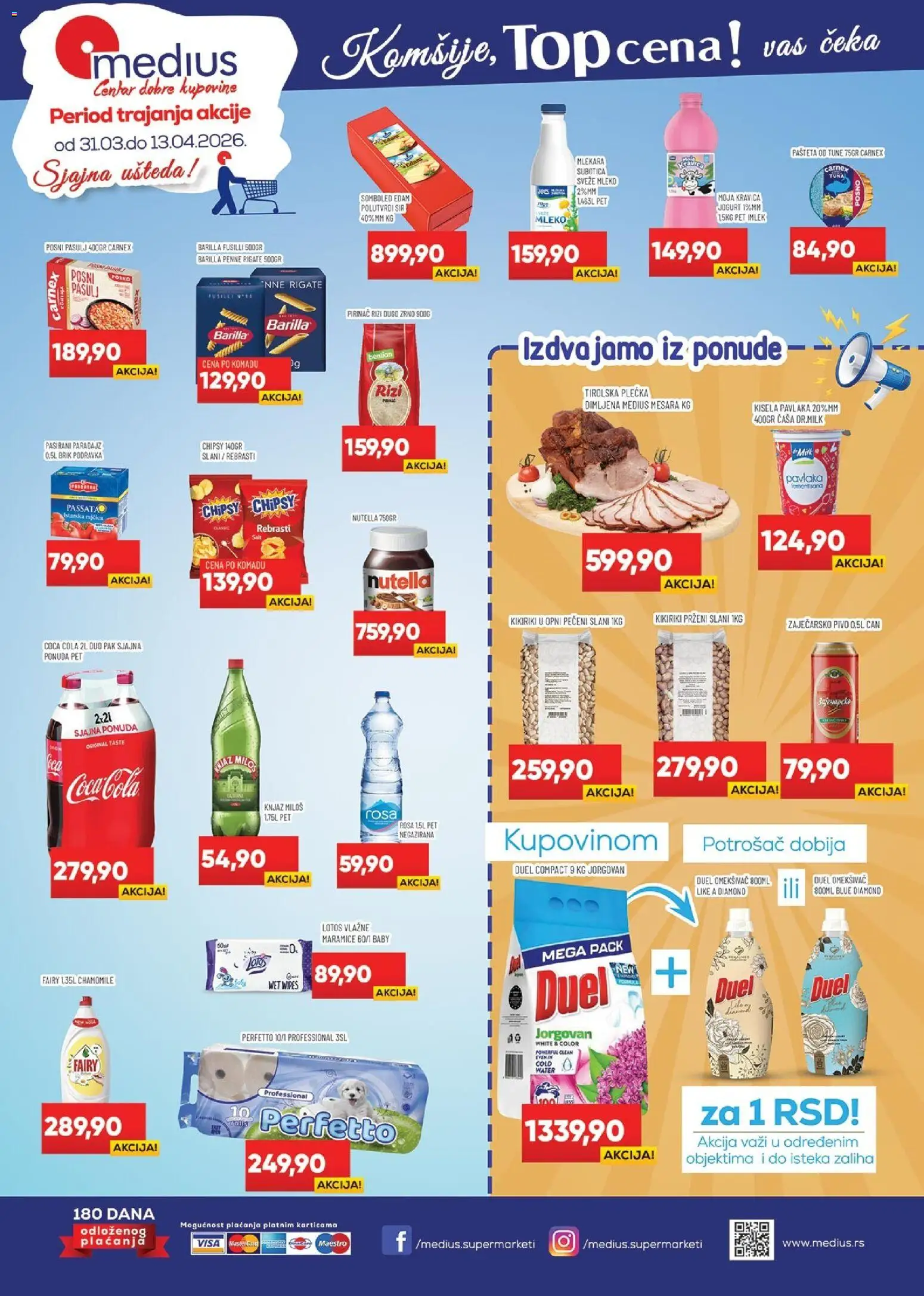 Pregled Medius kataloga - važi od 31.03.2026 - Coca Cola, Pasulj, Pivo, Kikiriki, Pašteta, Barilla, Maramice, Sveže mleko