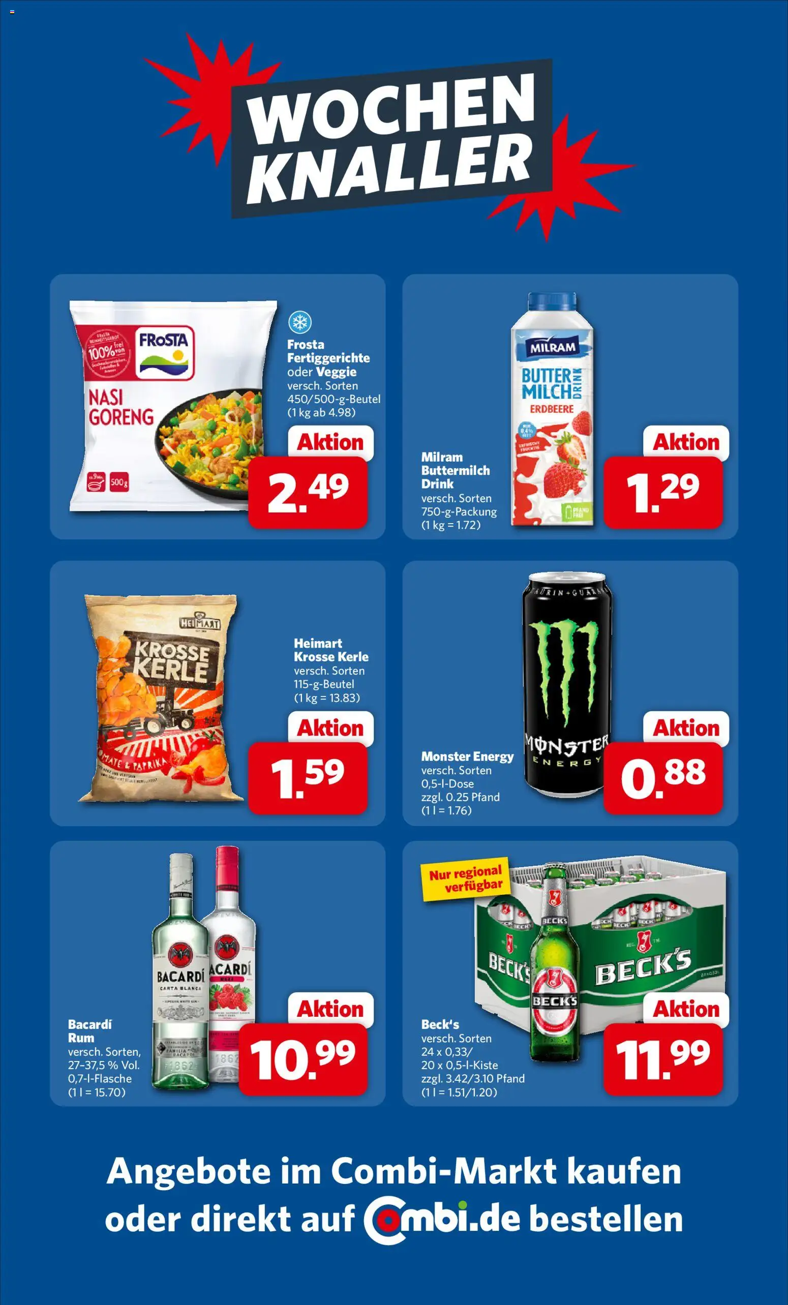 Vorschau von dem Prospekt des Geschäftes Combi, gültig ab dem 09.08.2026 - Butter, Monster, Bacardi, Frosta, Energy, Buttermilch, Fertiggerichte, Milram