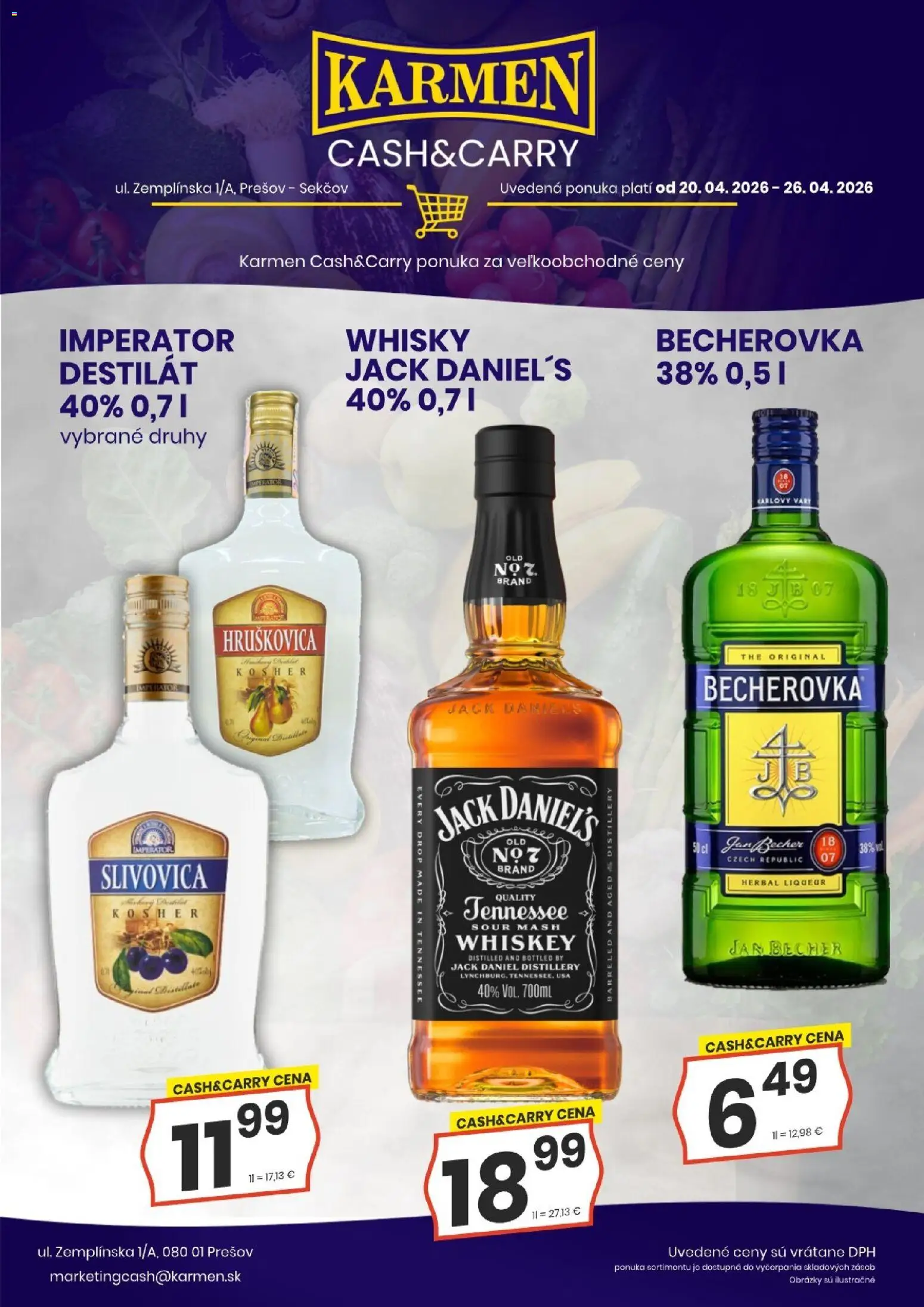 Náhľad KARMEN CBA letáku platného od 20.04.2026 - Whisky, Becherovka, Slivovica, Hruškovica, Jack Daniel's, Destilát