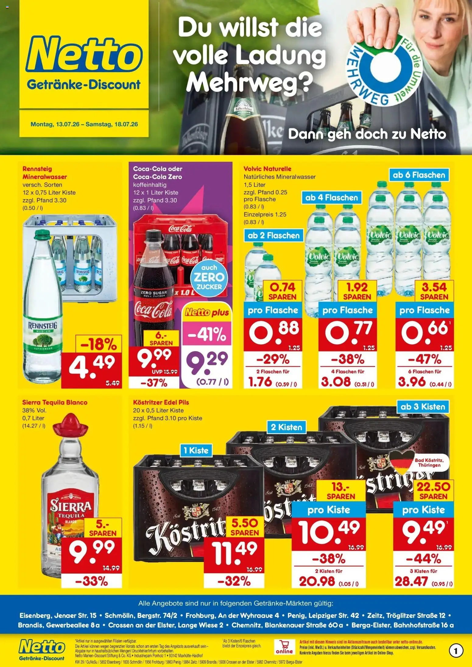 Vorschau von dem Prospekt des Geschäftes Netto Marken-Discount, gültig ab dem 13.07.2026 - Coca cola, Bad, Cola, Tequila, Zucker, Volvic, Pils, Kostritzer