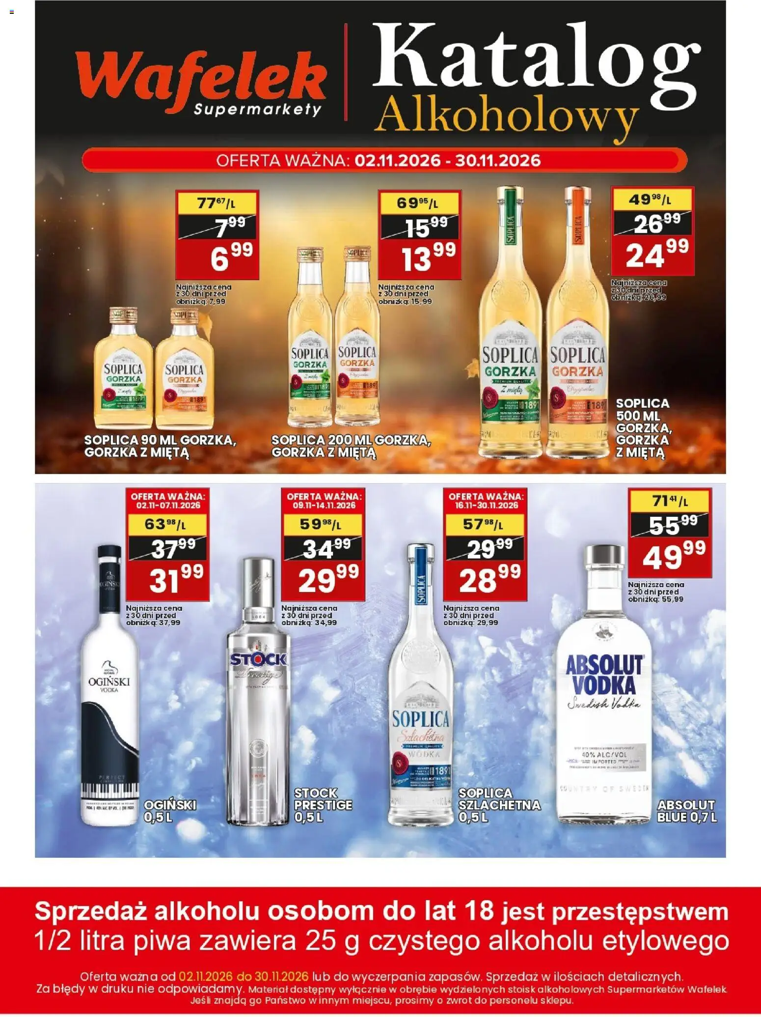 Pogląd gazetki "Wafelek gazetka alkoholowa" ze sklepu Wafelek ważnej od 02.11.2026 - Wódka, Soplica, Mięta, Ogiński, Wafelek, Vodka