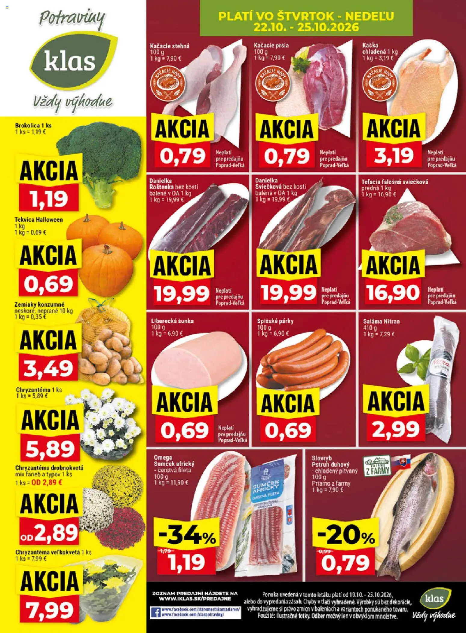 Náhľad Klas letáku platného od 19.10.2026 - Tekvica, Kačacie prsia, Brokolica, Zemiaky, Falošná sviečková, Šunka, Párky, Stehná