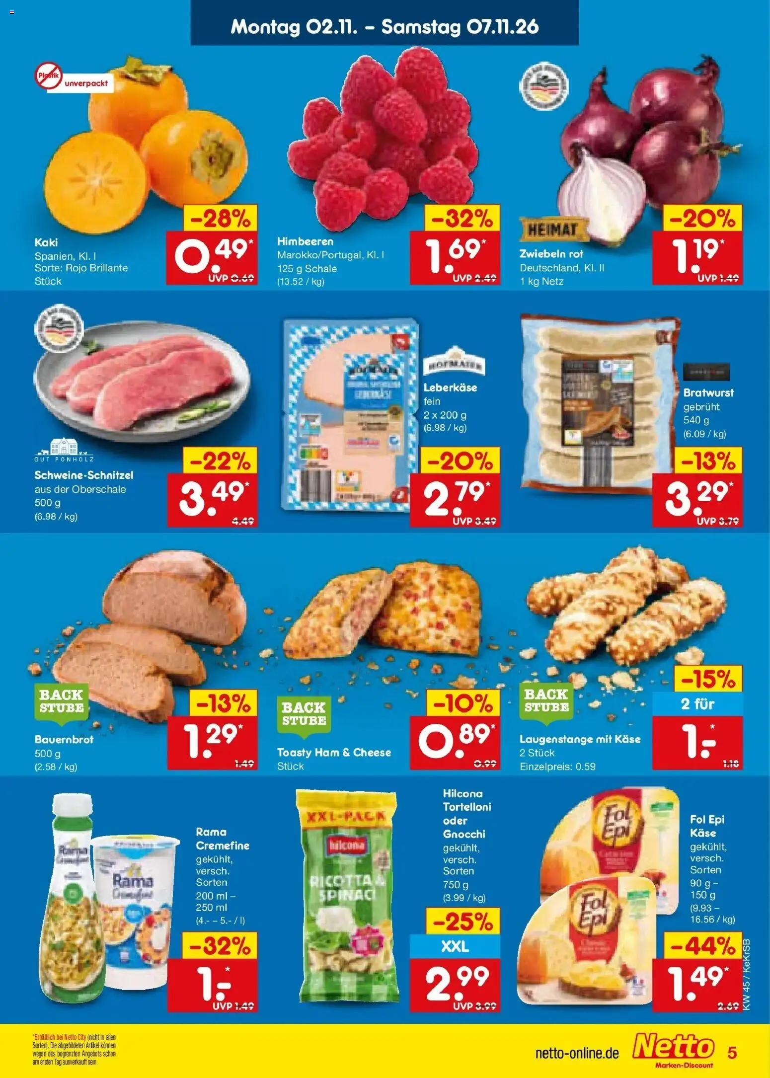 Vorschau von dem Prospekt des Geschäftes Netto Marken-Discount, gültig ab dem 02.11.2026 - Käse, Gnocchi, Bratwurst, Himbeeren, Rama, Rama cremefine, Zwiebeln, Leberkase