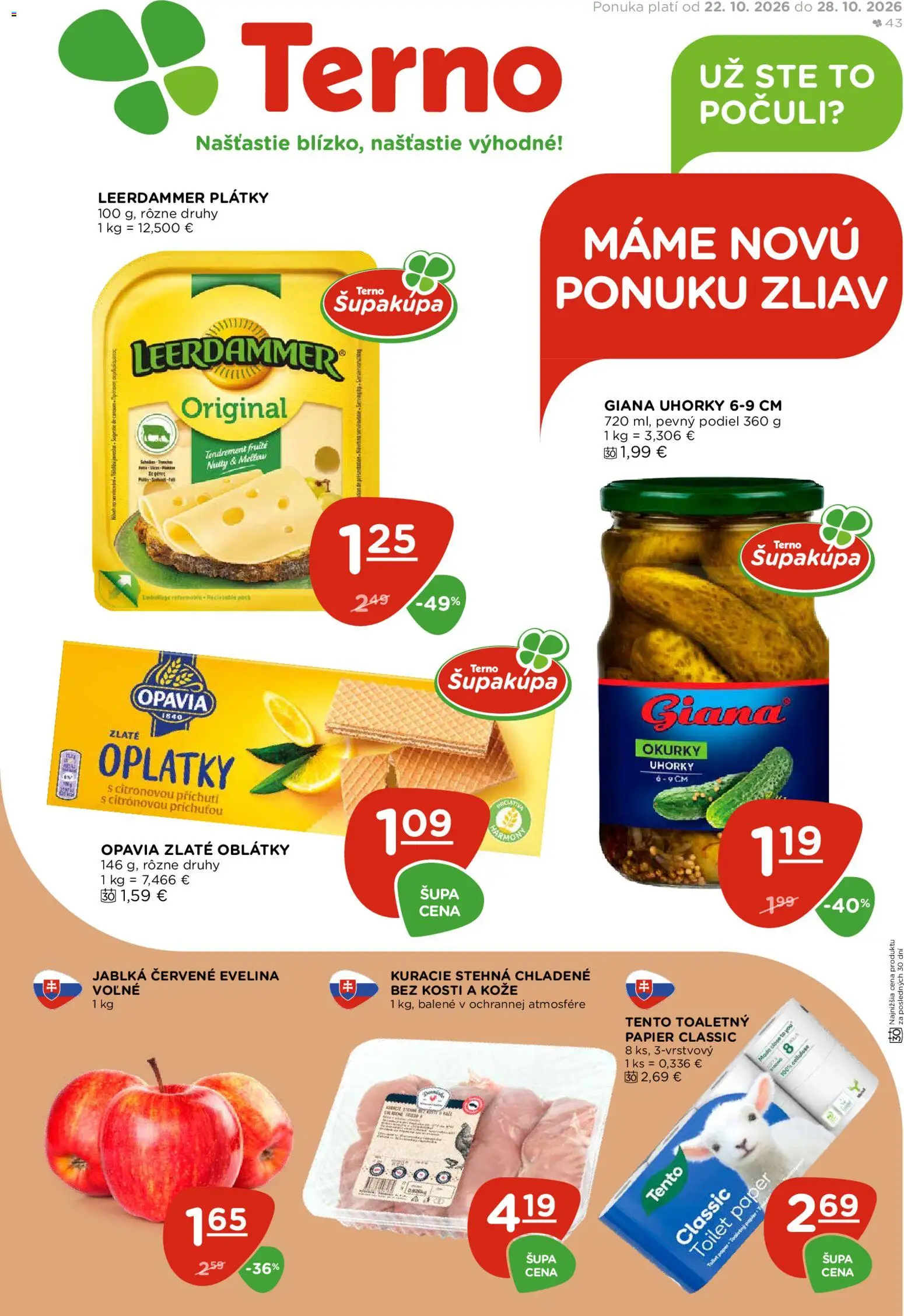 Náhľad Terno letáku platného od 22.10.2026 - Kuracie stehná, Toaletný papier, Jablká, Uhorky, Oblátky, Stehná