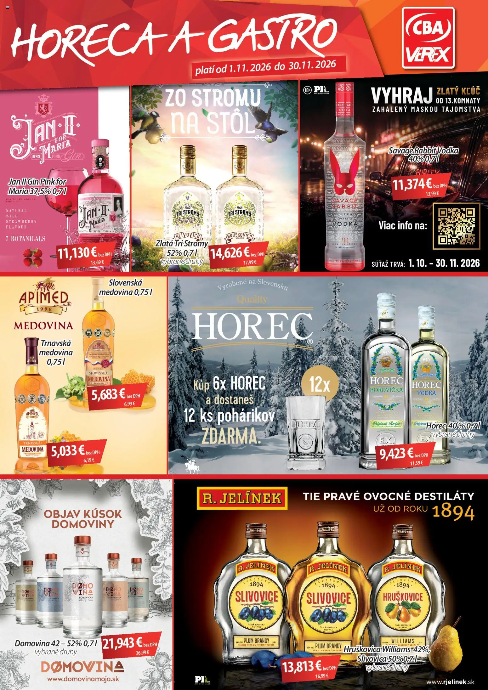 Náhľad CBA Verex letáku platného od 01.11.2026 - Vodka, Borovička, Gin, Stôl, Medovina, Slivovica, Brandy, Hruškovica