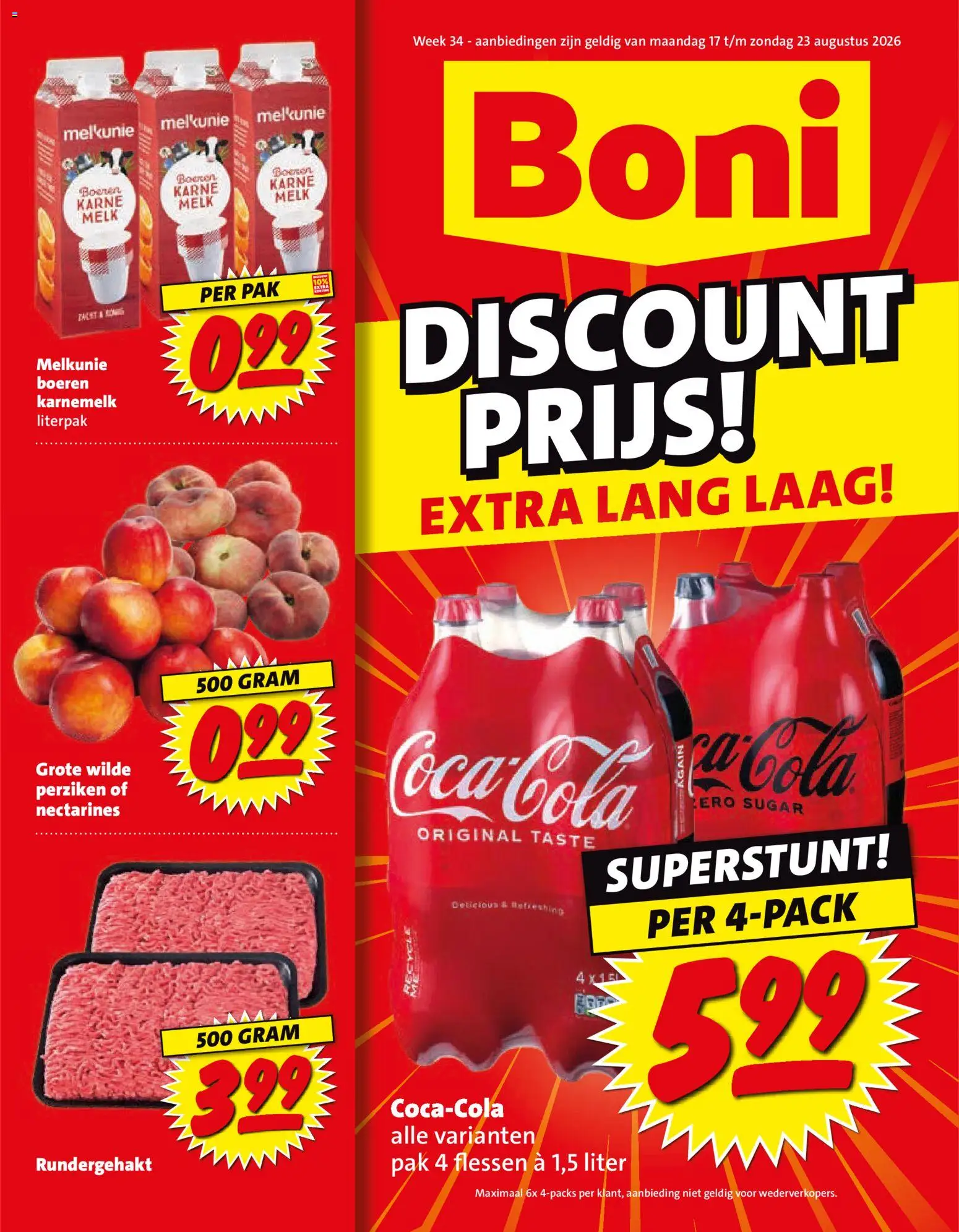 Voorbeeld van Boni folder week 34 van winkel Boni geldig vanaf 17-08-2026 - Melk, Perziken, Nectarines, Karnemelk, Rundergehakt