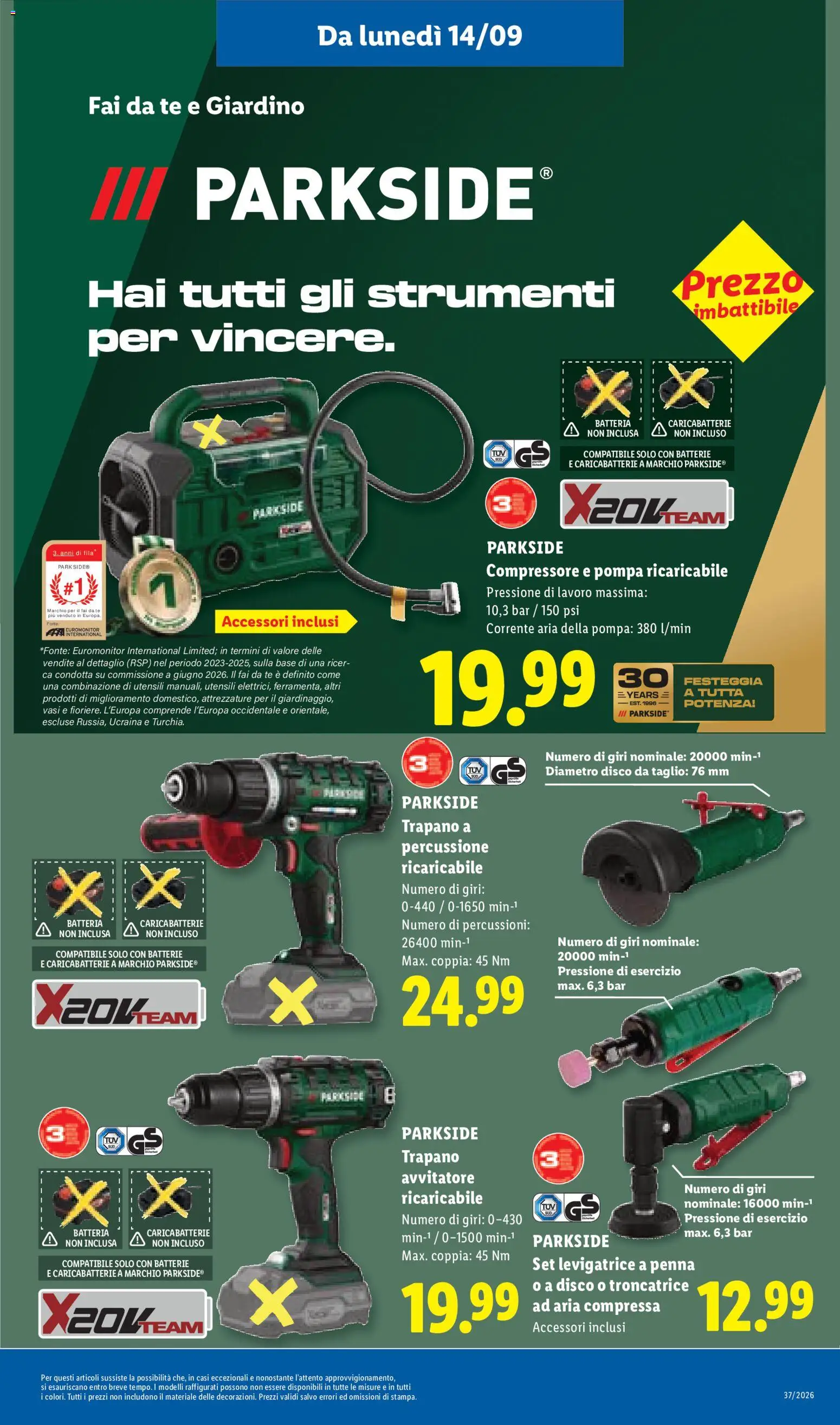Anteprima dell'opuscolo Lidl volantino dal negozio Lidl valido da 10/09/2026 - Disco, Batteria, Caricabatterie, Compressore, Tè, Taglio, Trapano a percussione, Batterie