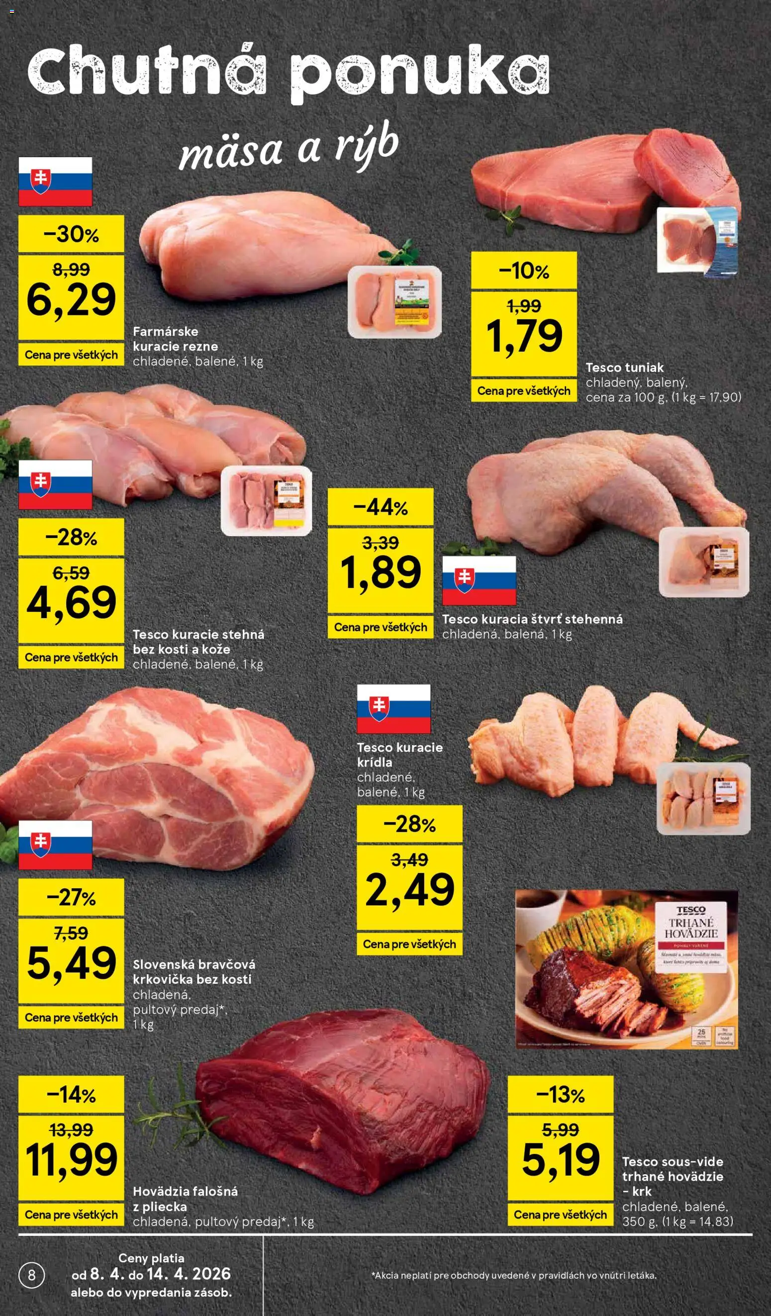 Náhľad Tesco letáku platného od 08.04.2026 - Kuracie stehná, Tuniak, Krkovička, Kuracie rezne, Bravčová krkovička, Kuracie krídla, Rezne, Stehná