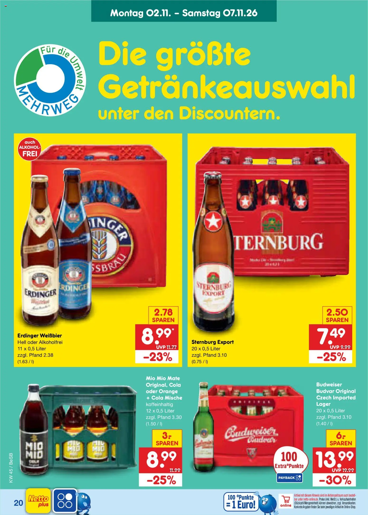 Vorschau von dem Prospekt des Geschäftes Netto Marken-Discount, gültig ab dem 02.11.2026 - Cola, Alkohol, Budweiser, Erdinger, Mio mio mate, Weißbier