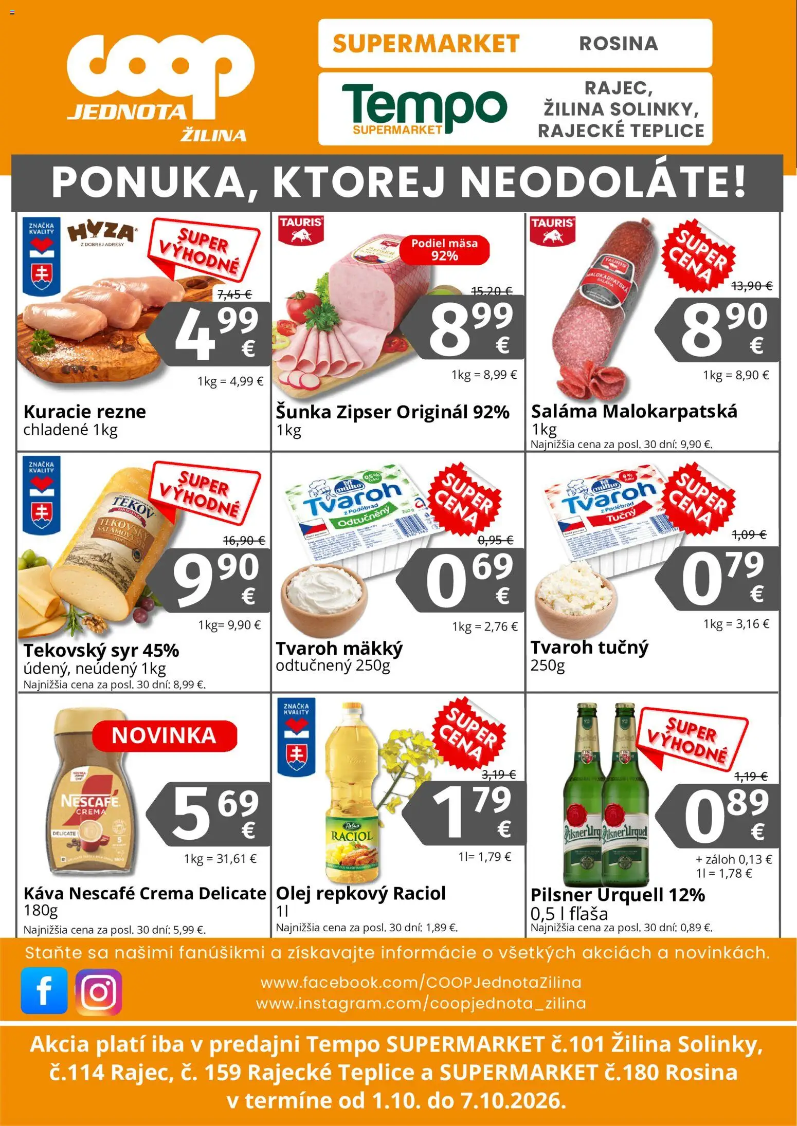 Náhľad COOP Jednota letáku platného od 01.10.2026 - Káva, Pilsner Urquell, Tvaroh, Šunka, Rezne, Saláma, Tvaroh tučný, Mäkký tvaroh