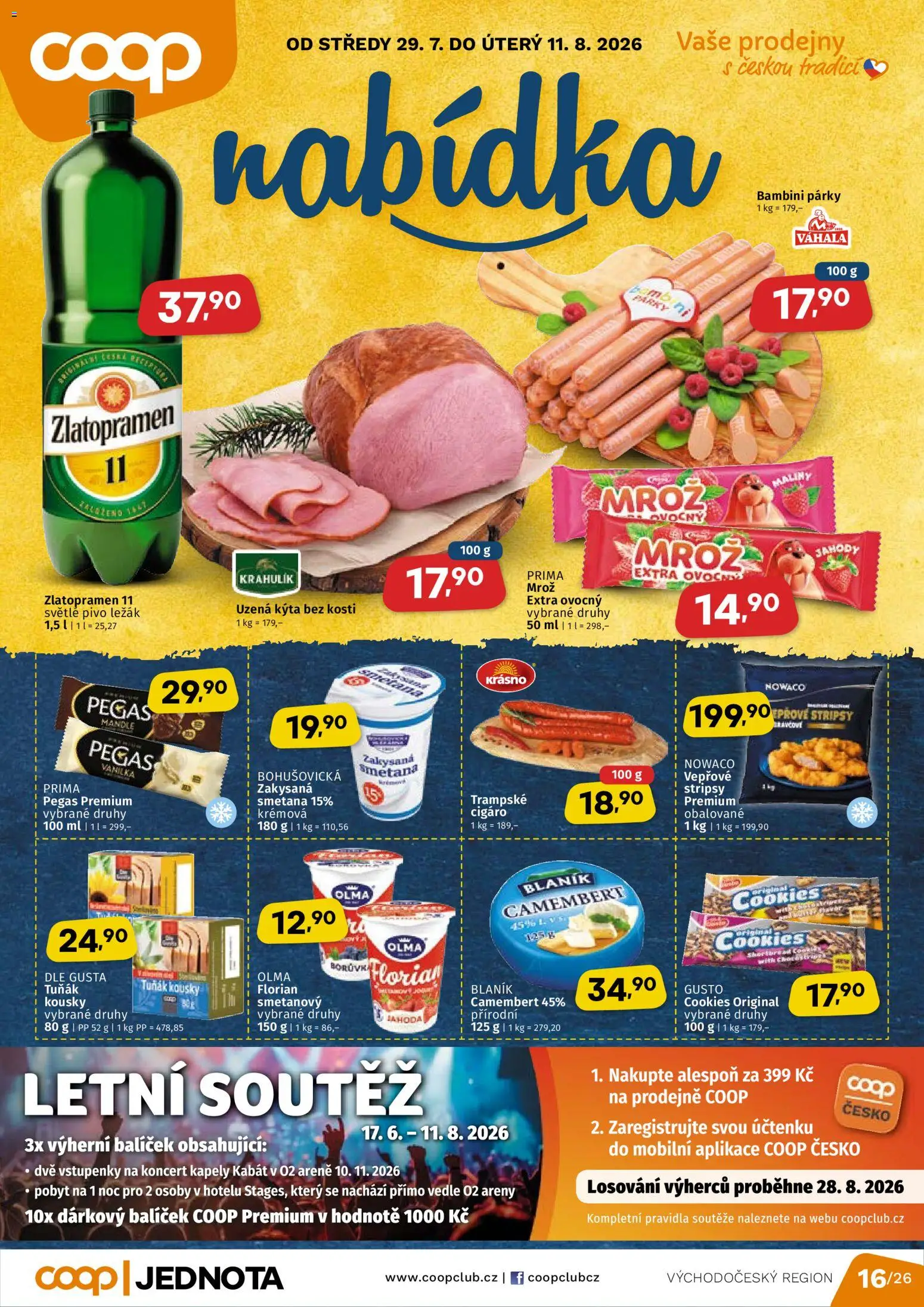 Náhled nabídky: Coop Coop leták - Východočeský region platný od 29.07.2026 - Pivo, Smetana, Tuňák, Mandle, Stripsy, Kýta, Zlatopramen, Kýta bez kosti