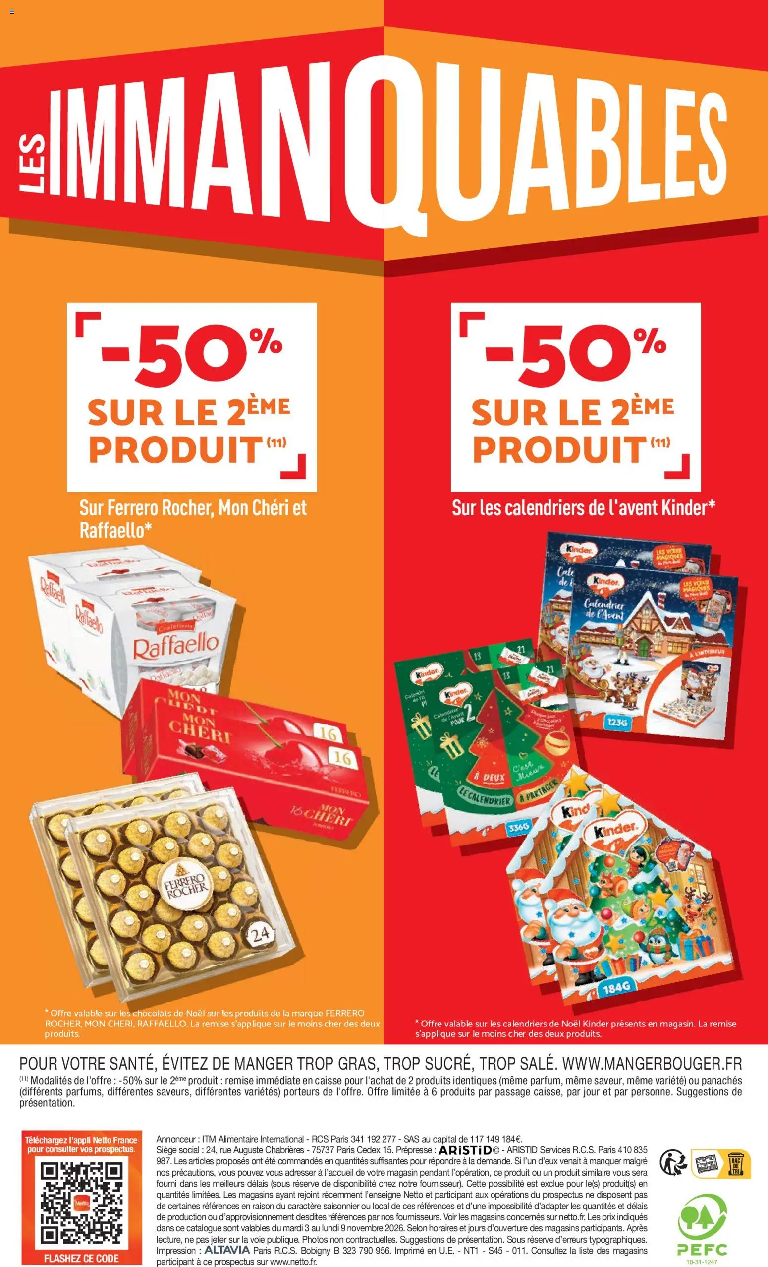 Prévisualisation de Netto - Temps fort Novembre du magasin Netto formulaire valide 03/11/2026 - Calendrier, Chocolat, Impression, Ferrero rocher, Raffaello, Chocolats de noël, Mon Chéri, Calendrier de l'avent